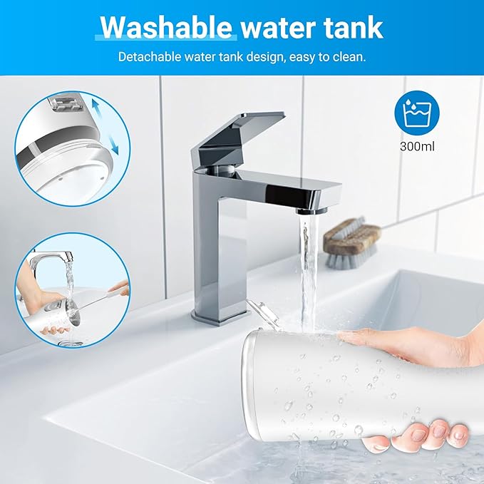 Portable Water Flosser for Teeth - 4 Modes Cordless Oral Irrigator with 300ML Tank, 360° Rotating Nozzle, 4 Jet Tips, Rechargeable, IPX7 Waterproof, Low Noise Gravity Ball Design (M159 - White)
