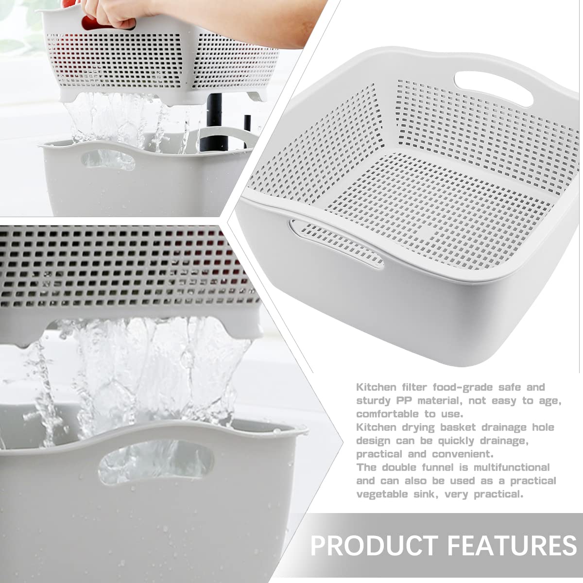 LNQ LUNIQI Double-layer Draining Basket Plastic Fruits Vegetable Washing Basket Food Storage Basket Multi-layer Stackable Vegetable Sinks Wash Drain Basket for Kitchen （Grey）