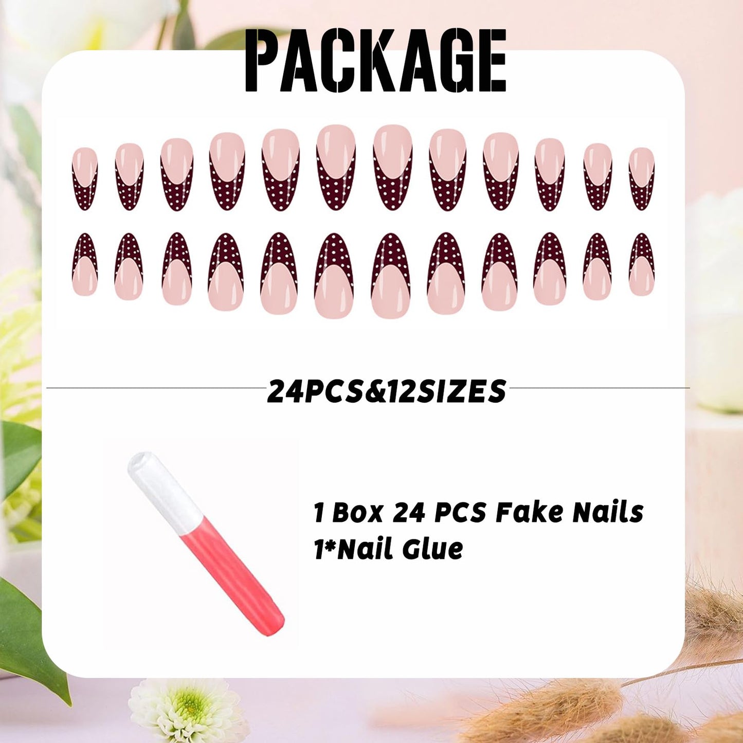 IMSOHOT Polka Dot Press on Nails Almond Medium Fake Nails Burgundy French Tips False Nails Full Cover Glossy Wine Red Acrylic Glue on Nails for Women
