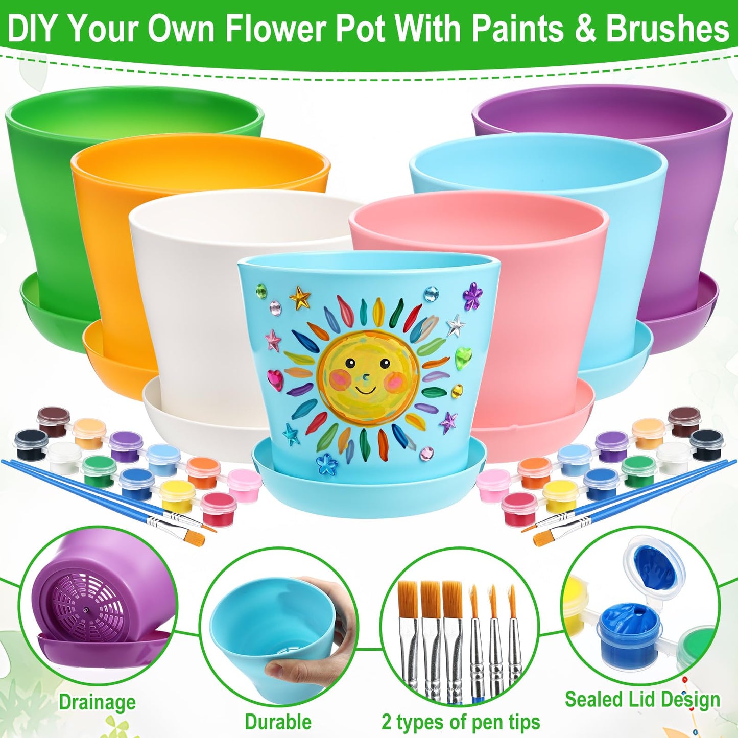 Ferrochef 24 Set Garden Plastic Paintable Flower Pot Craft Kit 4" Starter Pots DIY Painting Party Supplies Acrylic Paint Strips Gardening Kit for Planting Crafts Birthday Spring Gift (Round)