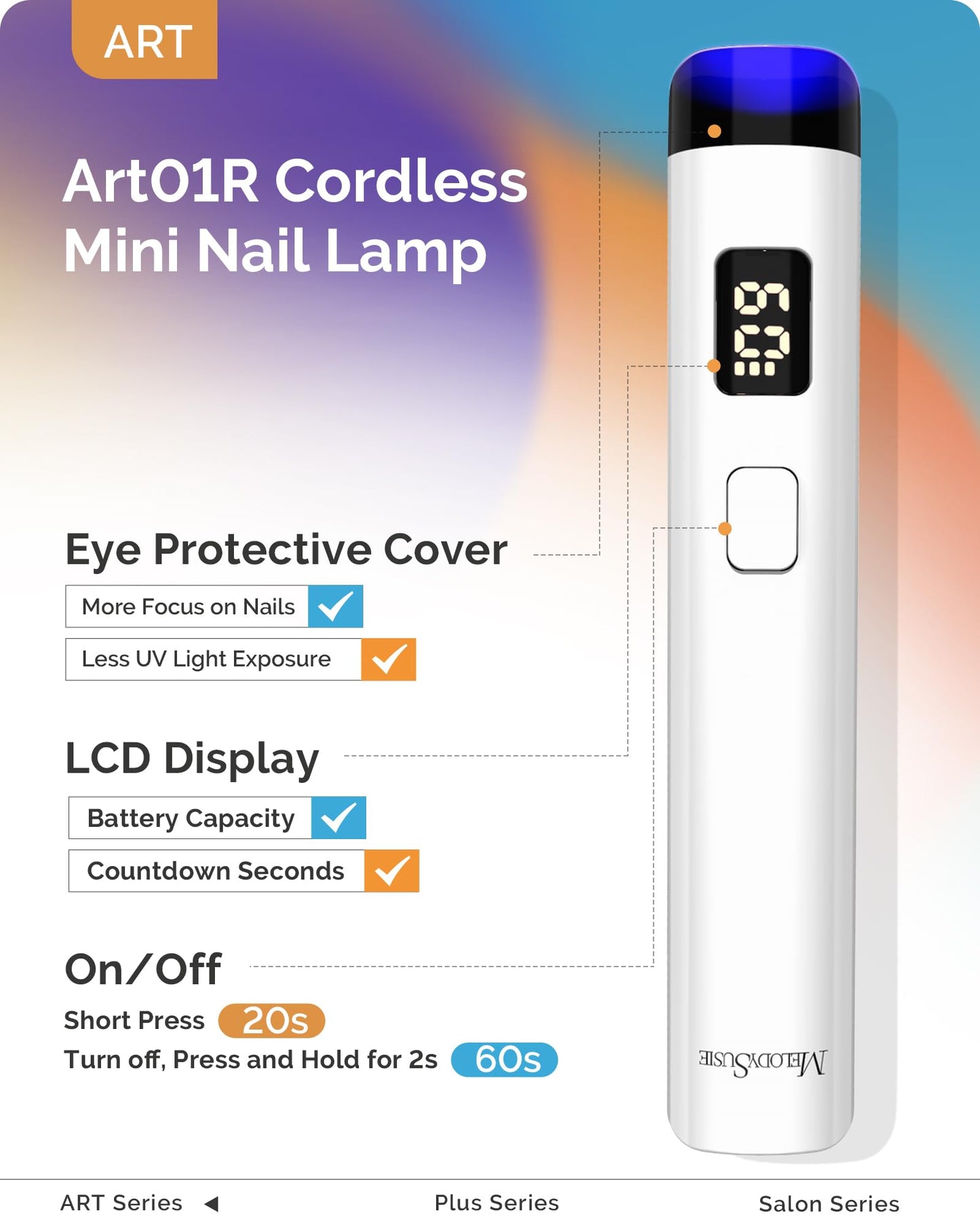 MelodySusie Handheld Cordless UV Nail Lamp with LCD Display & Eye-Protection Cover, P-Art01R Rechargeable Mini UV LED Light Flash Cures All Soft Gels, Especially Rhinestone Glue & Liner Gel White