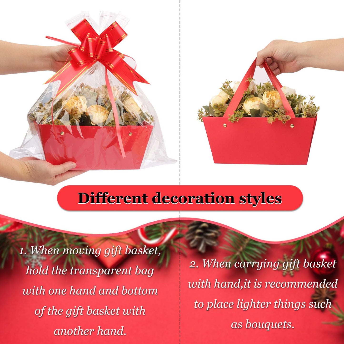 Yiksonyo 15-Pack Red Gift Baskets Empty, Kraft Gift Basket Kit with Bags & Bows, Large 10 x 6.5 x 4.3 inches Red Kraft Gift Basket for Christmas, Birthday, Wedding, DIY and More