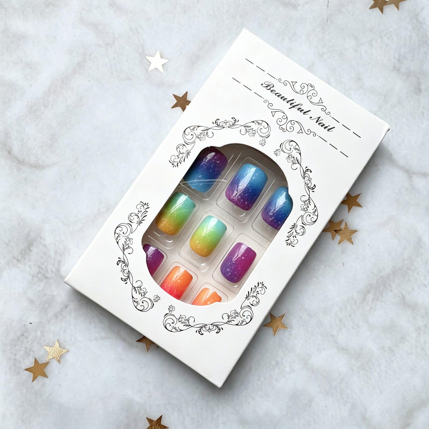 Rainbow Press on Nails Short Square Fake Nails Gradient False Nails with Designs Spring Summer Acrylic Nails Full Cover Glossy Stick on Nail Artificial Glue on Nails for Women Holiday Manicure 24Pcs