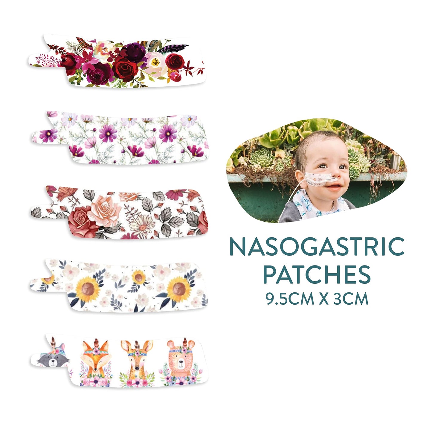 Nasogastric or Oxygen Tube precut Adhesive Tape Floral Mix x 10 Pack. (Right Side)