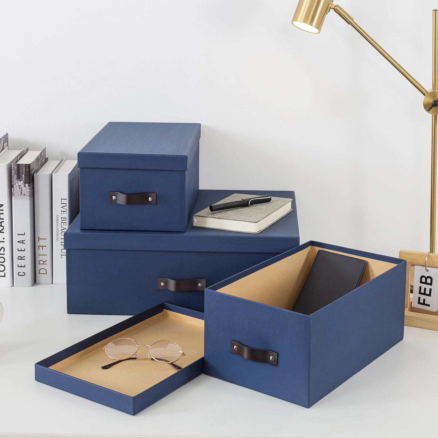 Soul & Lane Decorative Storage Boxes with Lids - Set of 3 (One Large and Two Medium), Sturdy Cardboard Organizers for Photos, Versatile Boxes with Handles for Office & Home, Navy