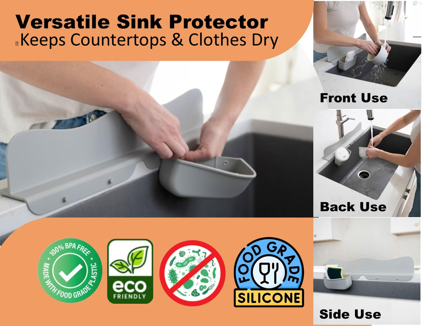 Silicone Sink Splash Guard with Sponge Holder -19.5" x 4.5" x 2.5",- Strong Suction - Sink Edge Protectors for Kitchen Sink - Kitchen Sink Splash Guard - Gray