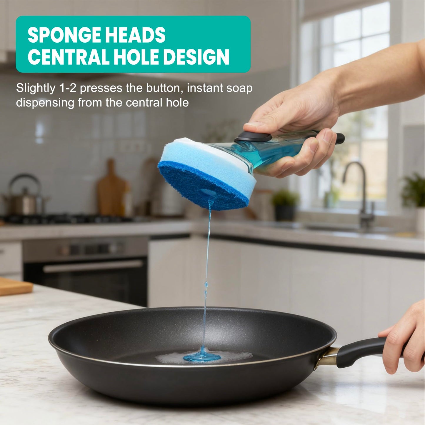 Dishwand with Refills, Dish Wand with Handle Replacement Sponge Heads, Non Scratch Soap Control Leak-Proof Dispenser Scrub,Heavy Duty Advanced Scrubber Brush Pads for Cleaning Dishes Sink Washing Tool
