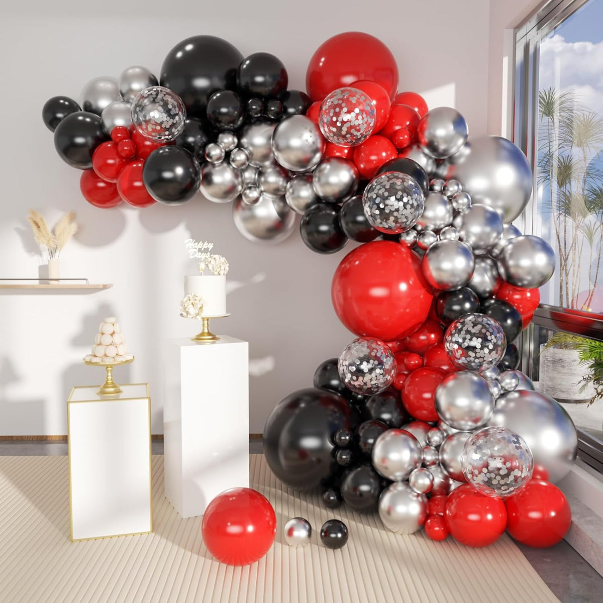 62 Pcs 12 Inch Black Red Gold Balloons Arch Kit, Red and Black Metallic Gold Confetti Party Balloons with Ribbons for Birthday, Wedding, Baby Shower, Graduation Decorations