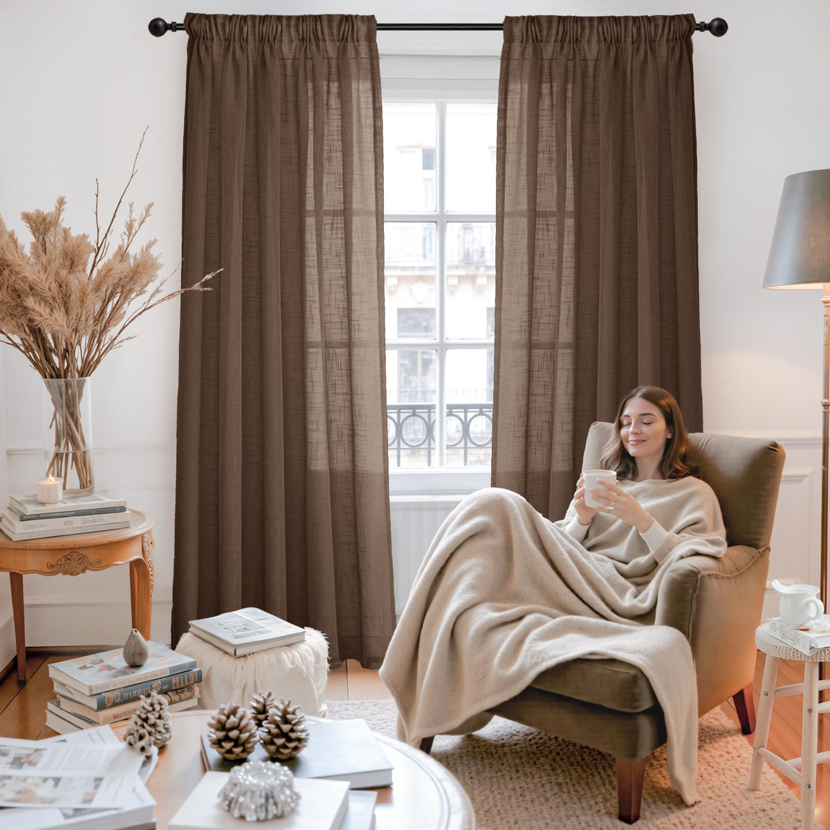 Brown Linen Sheer Curtains for Living Room 2 Panels Rod Pocket (2 Count)