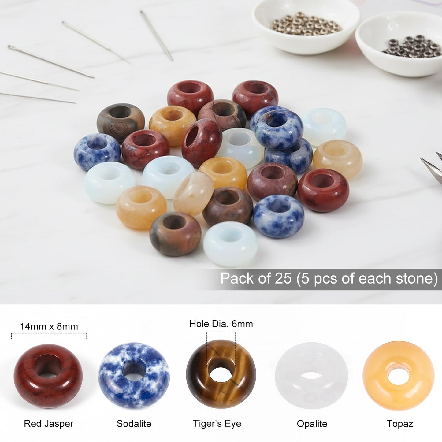 SUNYIK Assorted Crystal Stones Large Hole (6mm) Rondelle European Beads Fits Bracelet, Pack of 25, Opalite/Red Jasper/Sodalite/Picasso/Yellow Jade