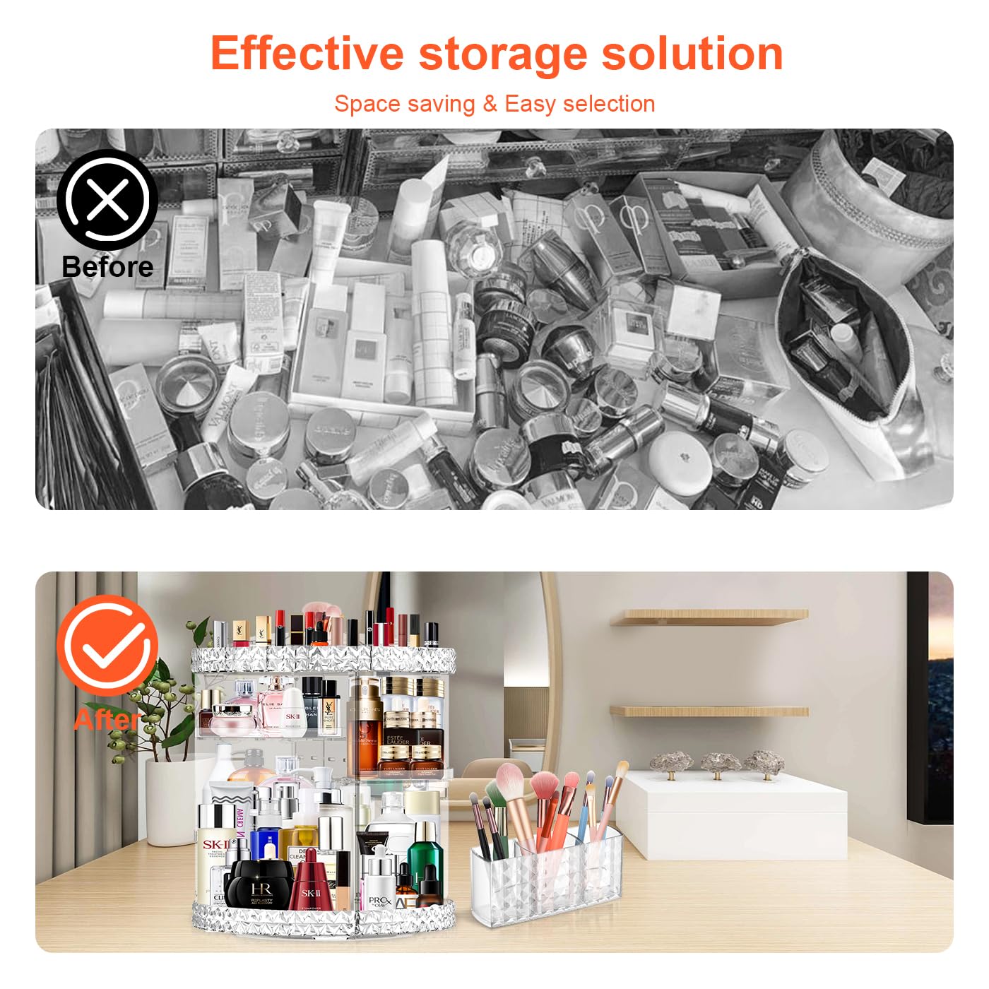 360 Rotating Makeup Organizer for Vanity + Makeup Brush Holder,Perfume Organizer with 6 DIY Adjustable Layer,Large Capacity Skincare Organizers,Lazy Susan Make up Organizer for Bedroom Dresser,Clear