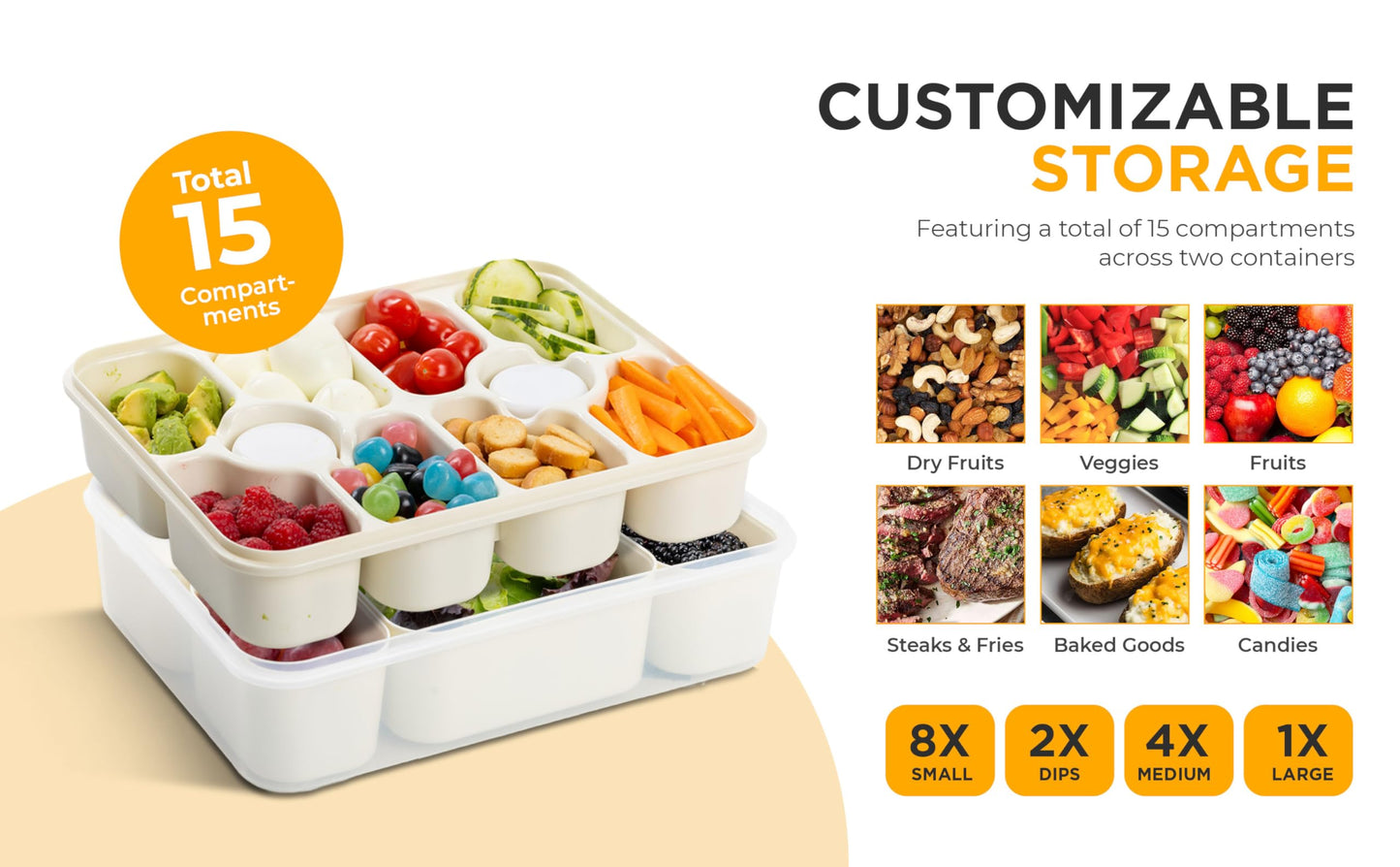 Snackle Box Container with Multi Compartments & Rotary Date Dial - Divided Serving Tray with Lid & Handle -Snack Organizer for Travel, veggies, Nut, fruit, Picnic & party - Dishwasher &Microwave safe
