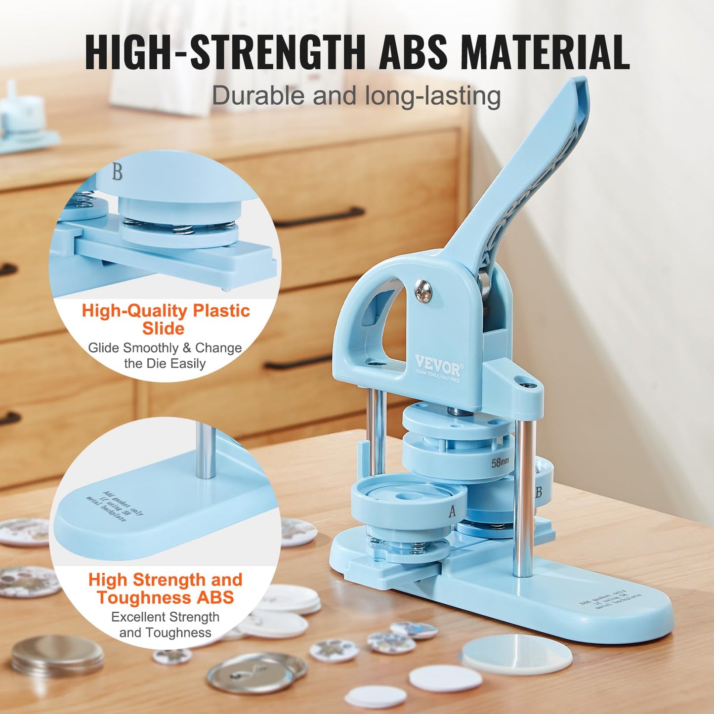 VEVOR Button Maker, 1/1.25/2.28 inch(25/32/58mm) 3-in-1 Pin Maker, 300pcs Button Parts, Ergonomic Arc Handle Punch Press Kit, Button Maker Machine with Panda Magic Book, for Children DIY Gifts, Blue