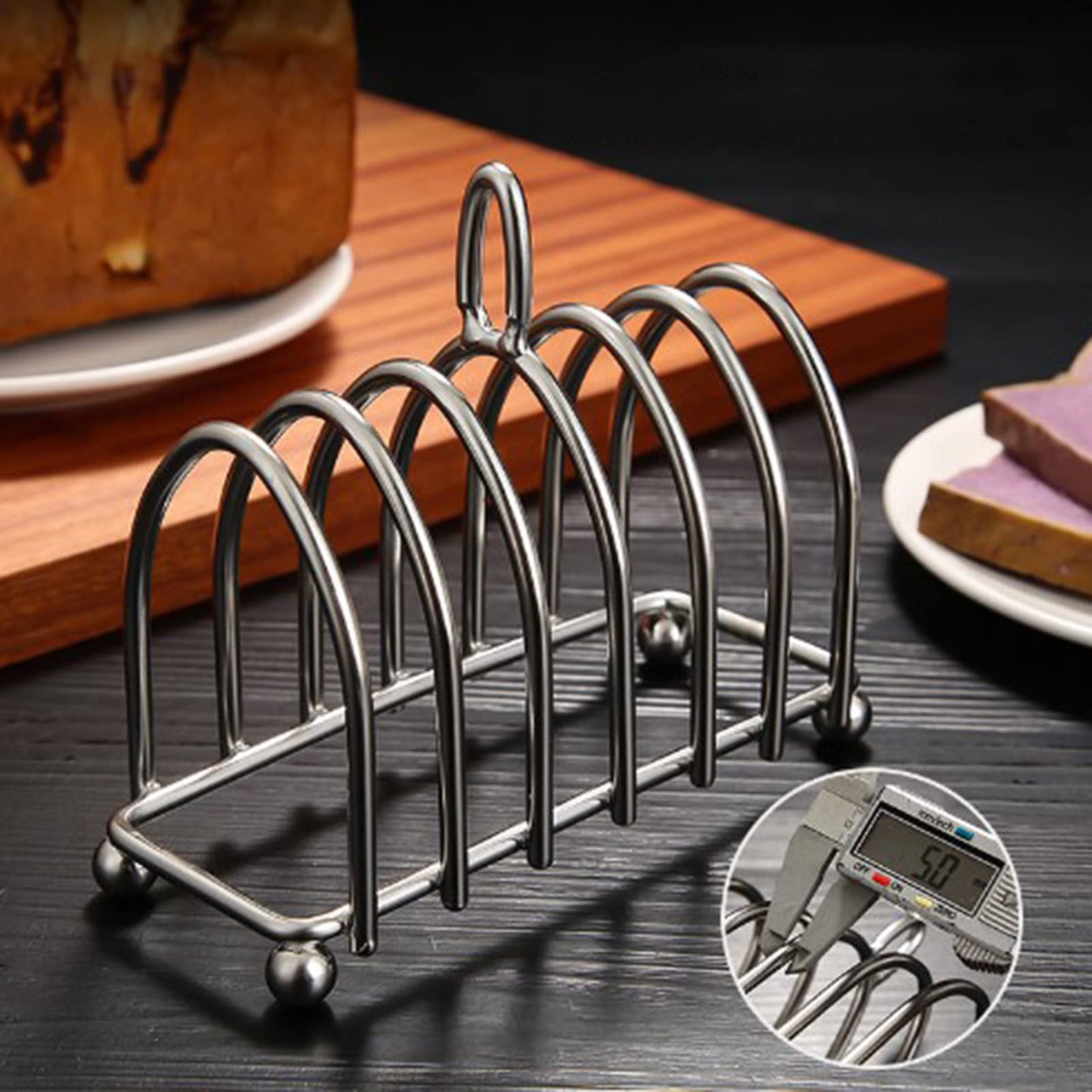 Tomotato Toast Rack Holder, 6 Slice Stainless Steel Bread Holder with Ergonomic Loop Handle and Ball Feet, Vintage Breakfast Carry Stand for Kitchen, Breakfast, Bakery Buffet Restaurant Serving
