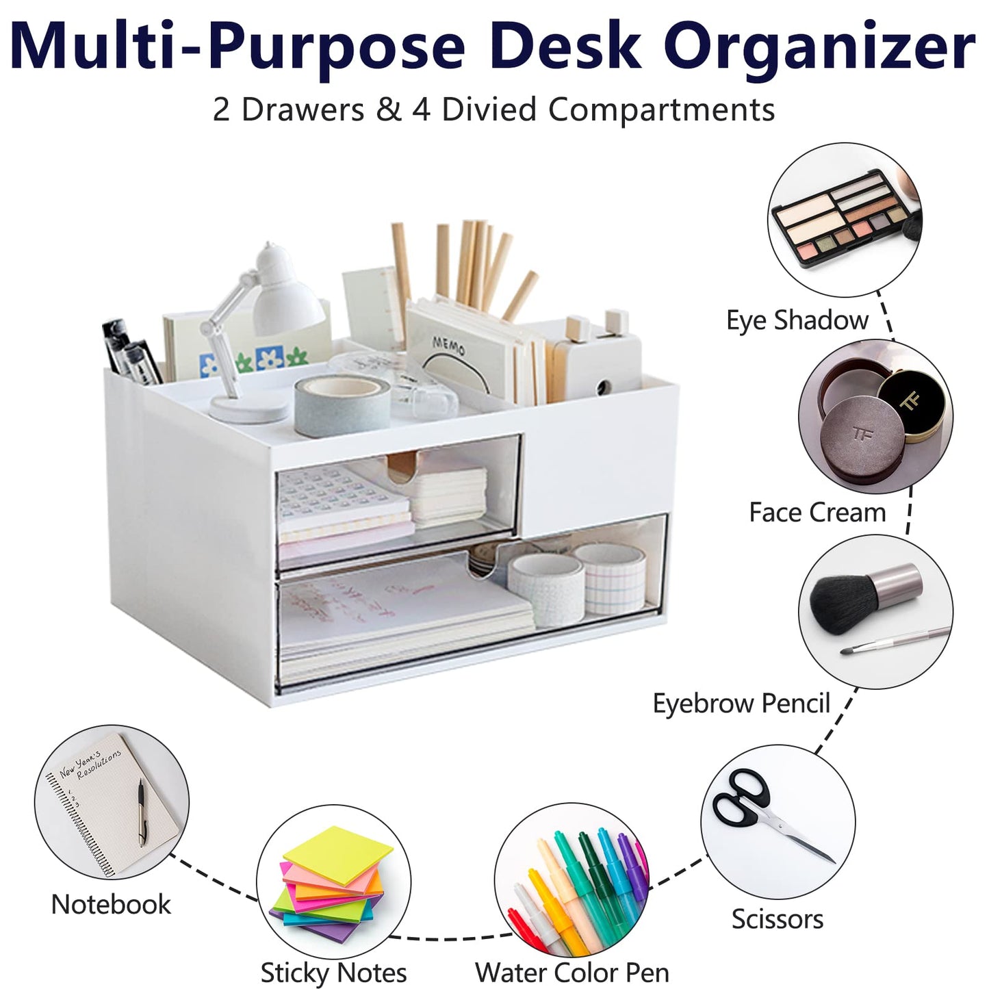 Desk Drawer Organizer, Desk Storage Box with 2 Drawers and 4 Compartments, Multifunctional Desk Accessories & Countertop Organizers for Office School Home (White）