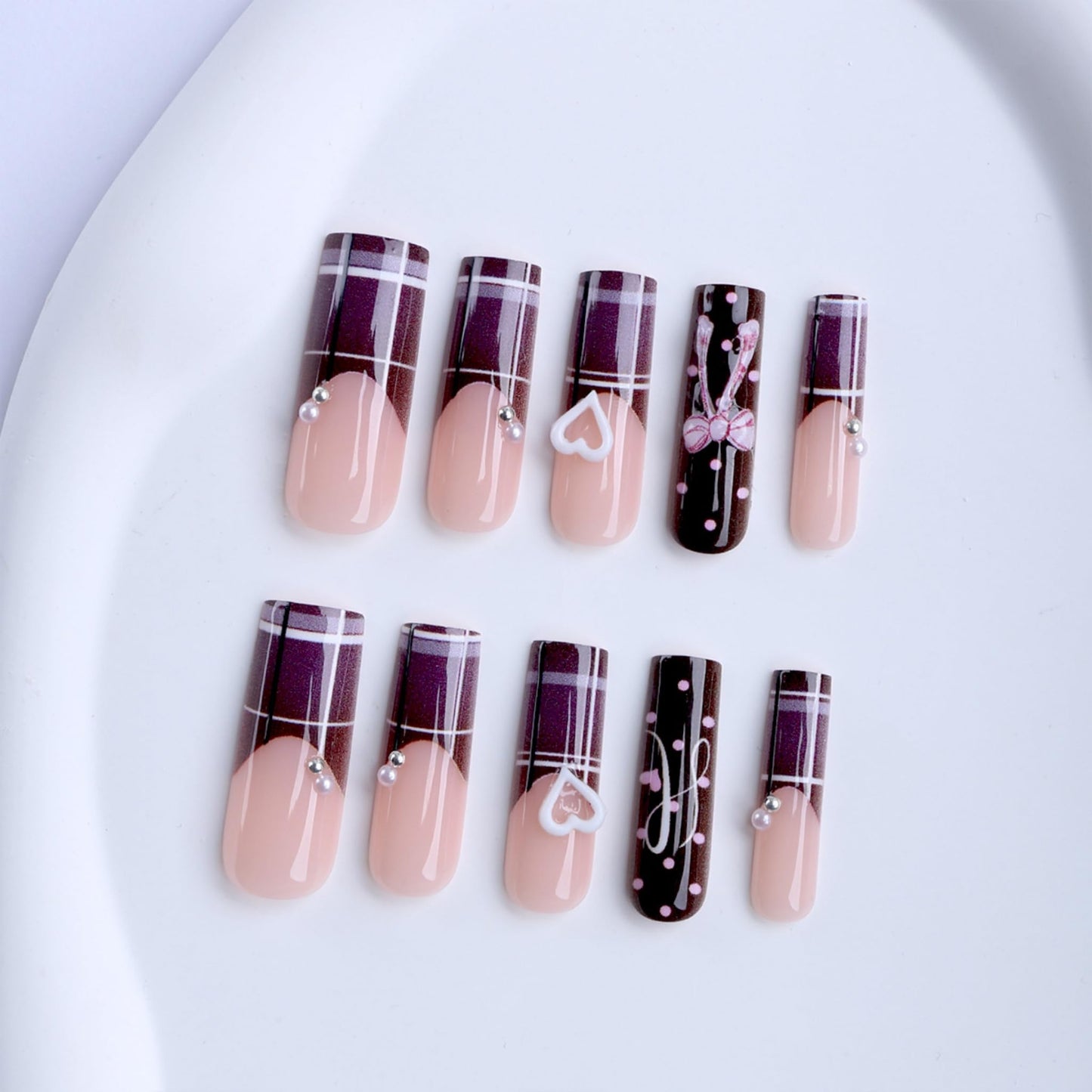 Long Press on Nails Square Fake Nails Purple Artificial Nail Plaid French Tip Brown Polka Dot Bow Heart Charm Glossy Stick on Nail Coquette Style for Women 24pcs