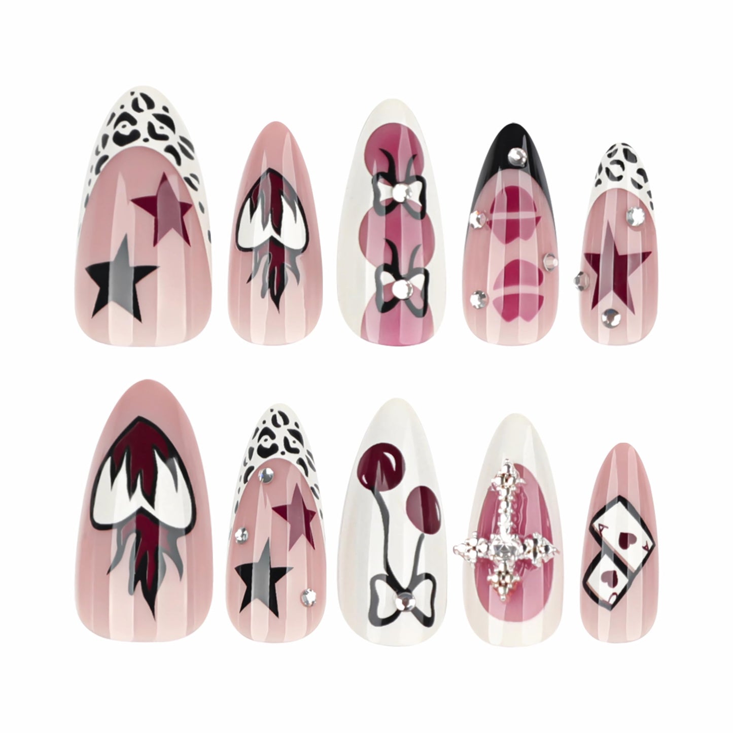 BABALAL Medium Almond Press on Nails, Gothic Acrylic Nails with Cross Charm, Heart, Bow and Lips Designs, 24Pcs Glossy Full Cover False Nails Set for Women and Girls