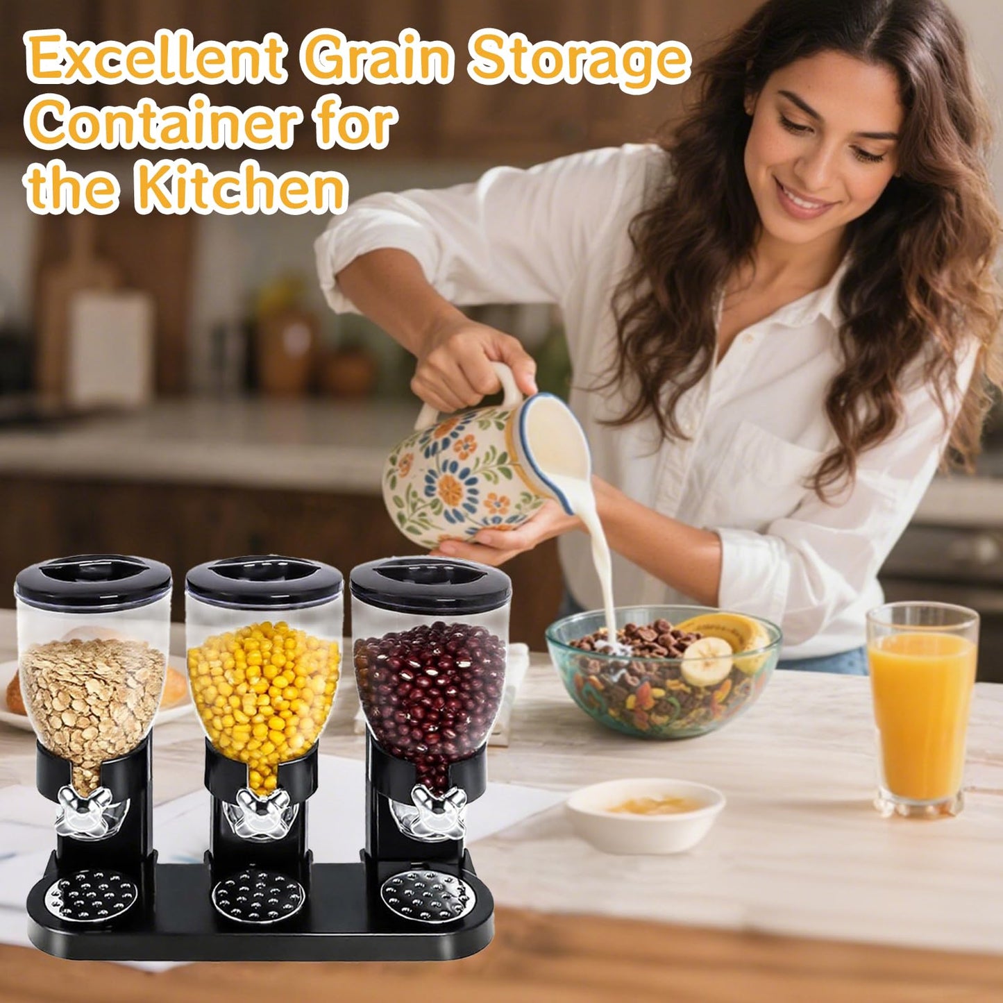 ENIPEDITA 1 Pcs Triple Indispensable Dry Food Dispenser with Cup Black Cereal Storage Container 67oz Each Capacity for Kitchen Rice Nuts Cereal Snack Gumball Candy Dog Food