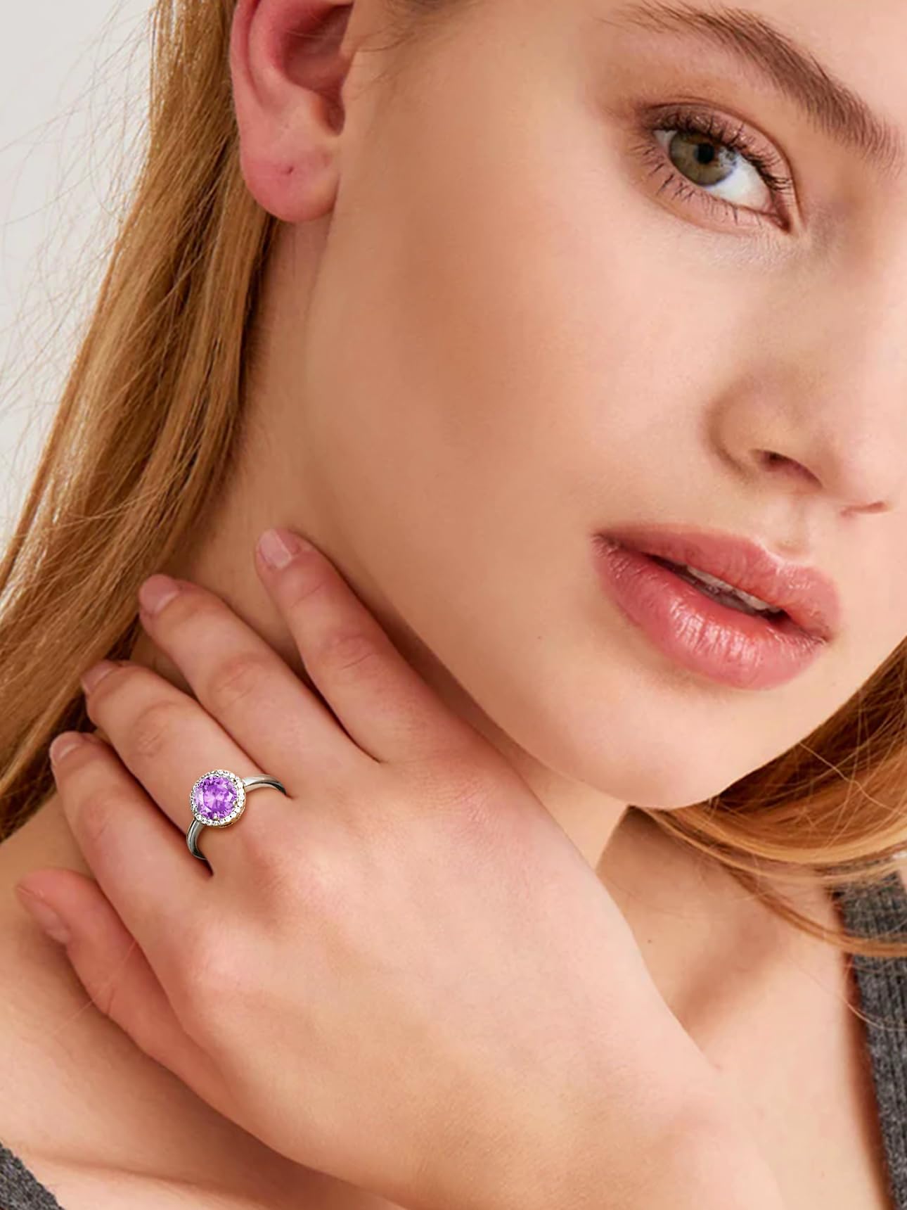 Bestyle Flattering June Alexandrite Round Crystal Rings Cubic Zirconia Rings for Women Dainty 925 Sterling Silver Hypoallergenic Adjustable Rings Size #6-#12