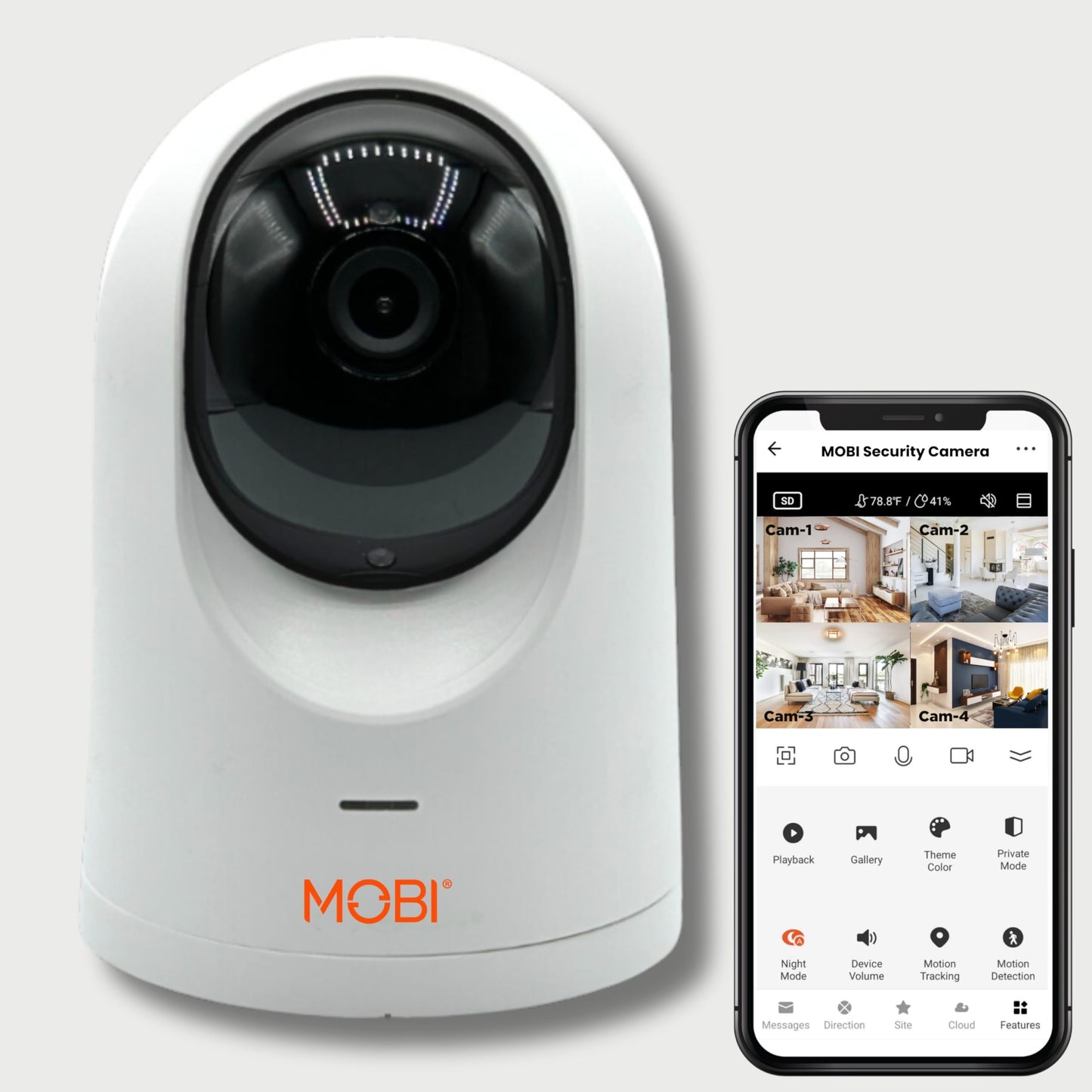 MobiCam PRO Home Monitoring Camera Single: Full HD, Pan & Tilt, Color Night Vision, Motion Tracking, Temp & Humidity Readings. Supports Cloud & SD Storage, Smart App Compatible