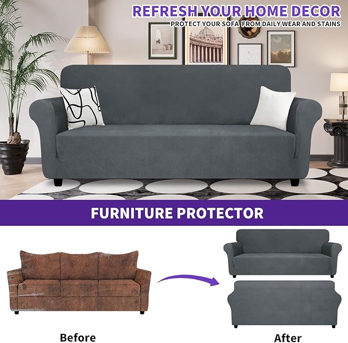 ZNSAYOTX Super Stretch Couch Cover (72"-92"), New Striped Sofa Covers Fitted Slipcovers with Elastic Bottom, Dog Cat Pets Proof Spandex Fabric Comfortable & Durable (Dark Grey, Sofa)