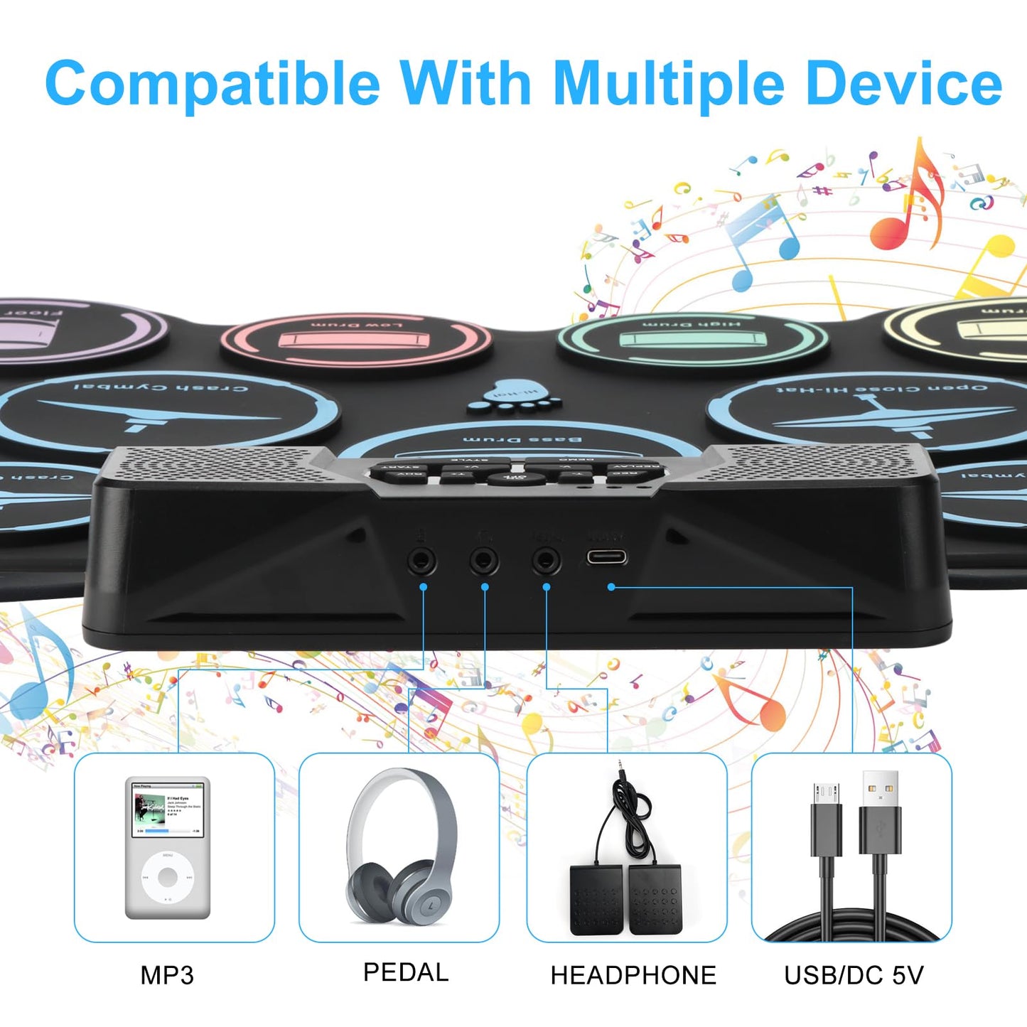 Electric Drum Set, 9 Pads Kids Drum Set, Roll-up Practice Drum Pad with Headphone, MIDI, Built-in Dual Stereo Speakers Drum Sticks Foot Pedals 10 Hours Playtime (9 pad Dual Stereo Speakers)