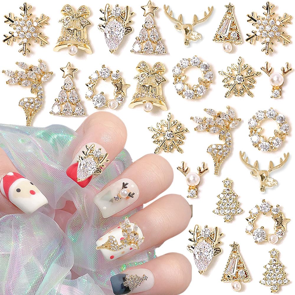 24pcs Luxury Zircon Christmas Nail Charms - 3D Snowflake, Elk, Xmas Tree, Garland Decorations - Gold Art Rhinestones Gems for Nails
