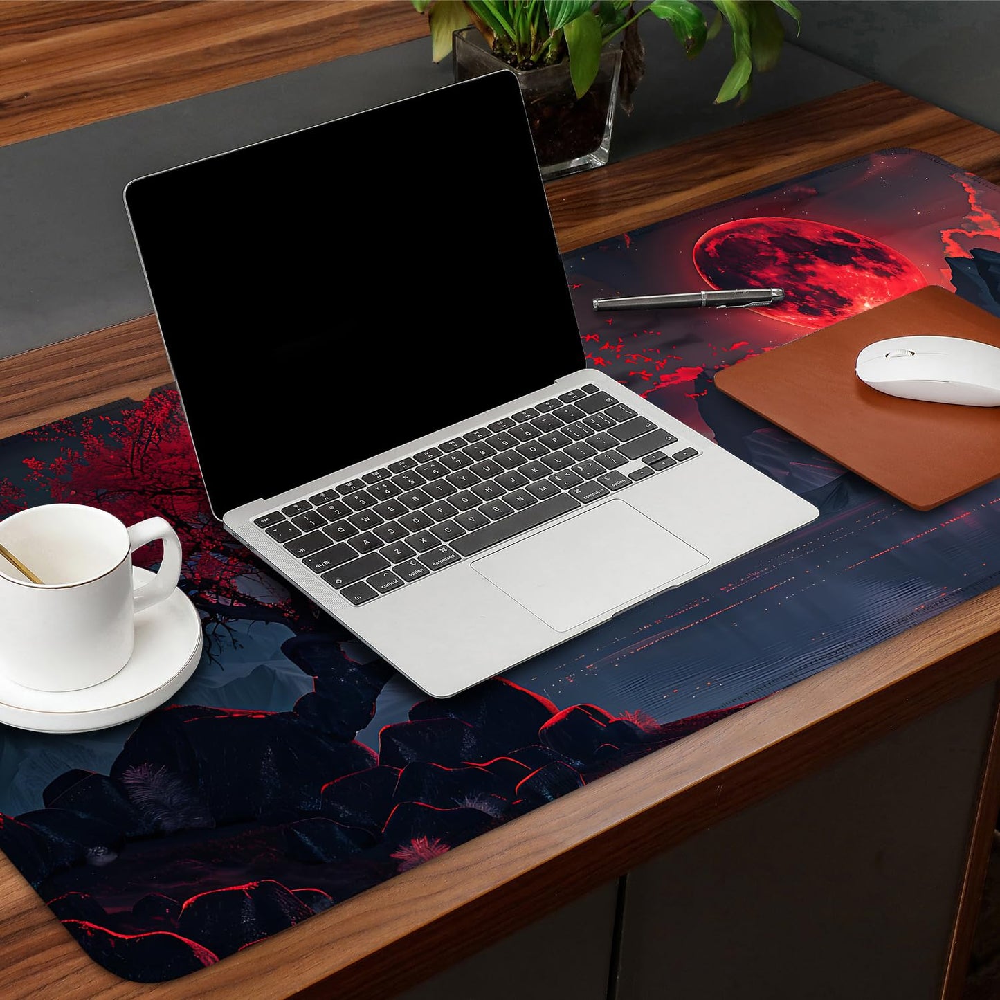 Red Moon Mouse Pad XXL – Large Gaming Desk Mat with Dark Mountain Landscape & Sakura Tree, Extended Mousepad with Non-Slip Base for Office, Gamer Setup,31.5 x 11.8 in