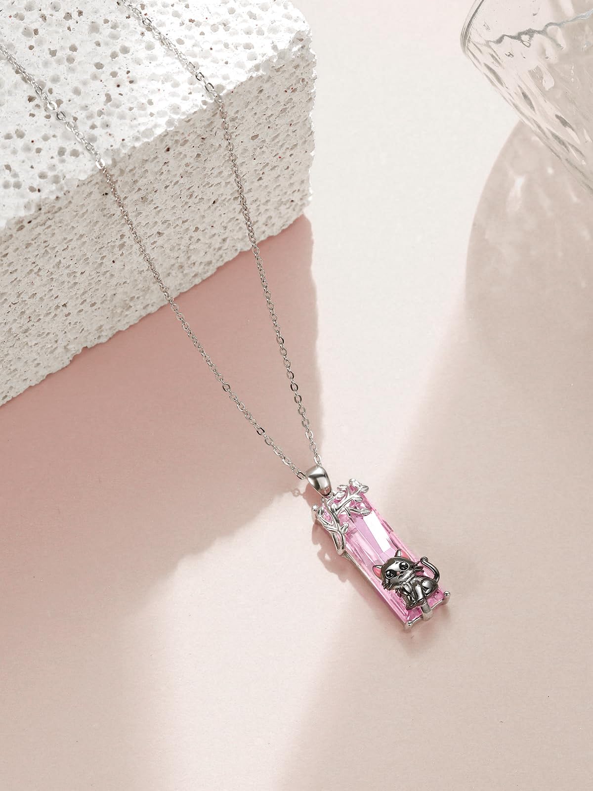 AENEAS Black Cat Necklace 925 Sterling Silver Cute Black Cat Pendant Necklace Pink Crystal Jewelry Gifts for Women Wife Daughter