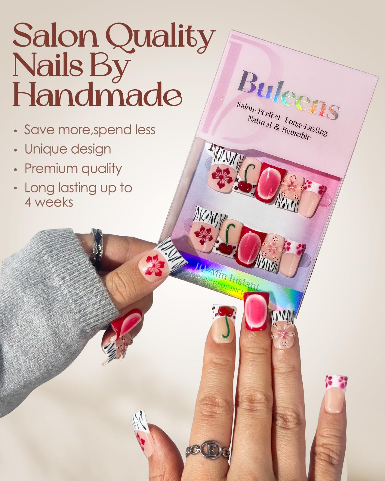 Buleens Handmade Press on Nails Acrylic Duck Nails-10pcs Short Playful Y2K Cherry Zebra 3D Fake Nails Kits with Glue