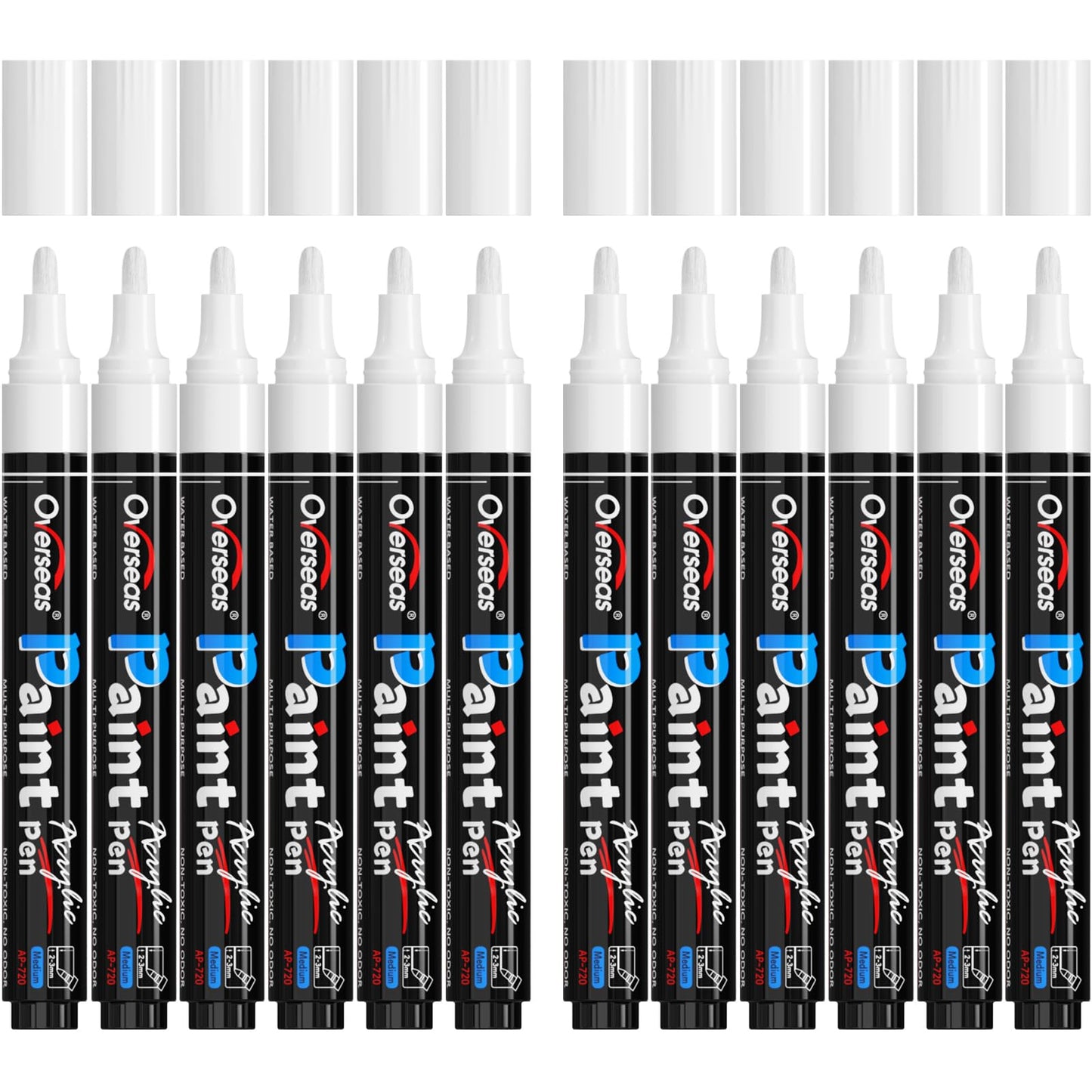 Overseas White Paint Pens - Permanent Acrylic Paint Markers 12 Pack, Water-Based, Quick Dry, Waterproof Marker Pen for Rock, Wood, Plastic, Metal, Canvas, Glass, Fabric, Tire, Mugs. Medium Tip