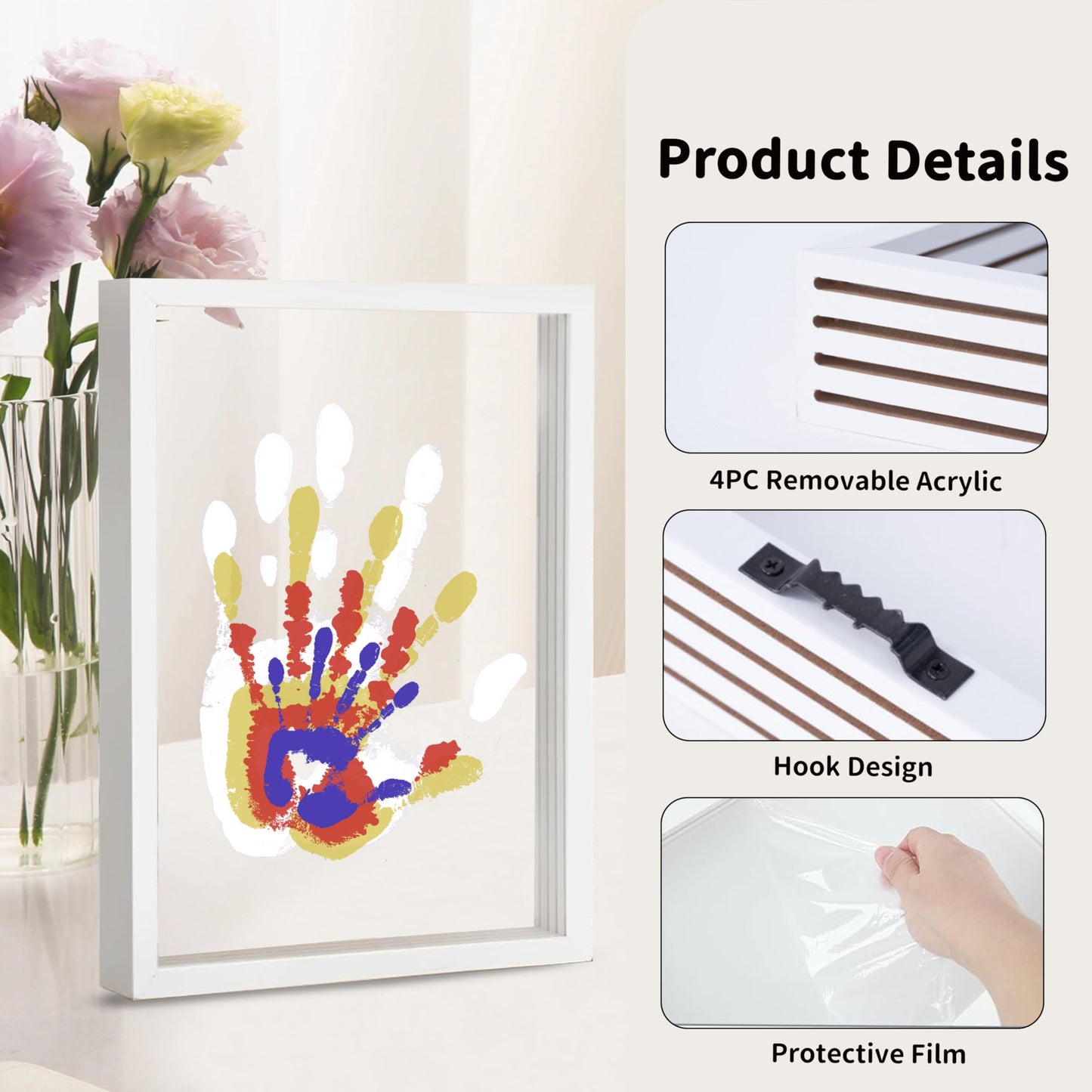 CHERRY CHEERS Family Handprint Kit, DIY Craft Keepsake Wooden Frame, Endless Gift Set, Non-Toxic Paints, Transparent Sheets (White)