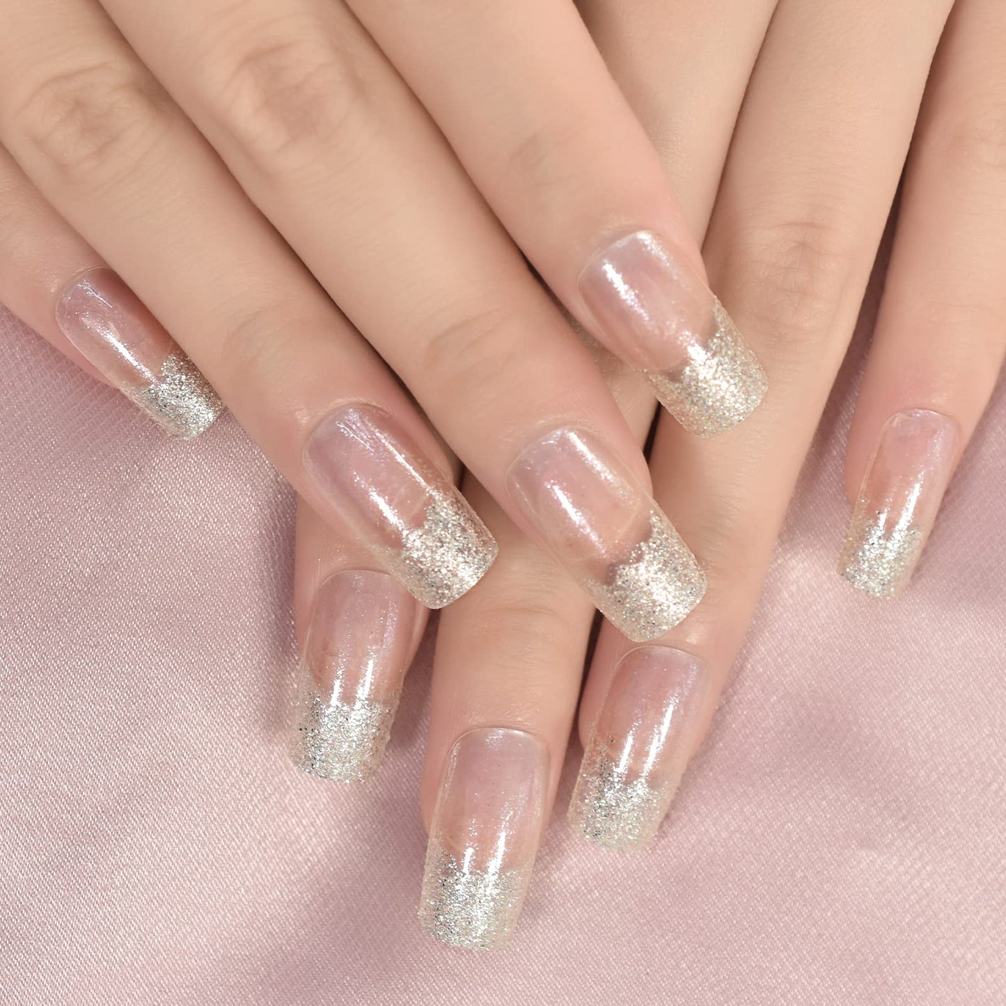 IKISKT Press On Nails - Shiny Glitter French Tips | Litter Yellow Gel Tip l UV Medium Square False Fake Nails, Reusable Glue | 10 Sizes - 24 Nail Kit