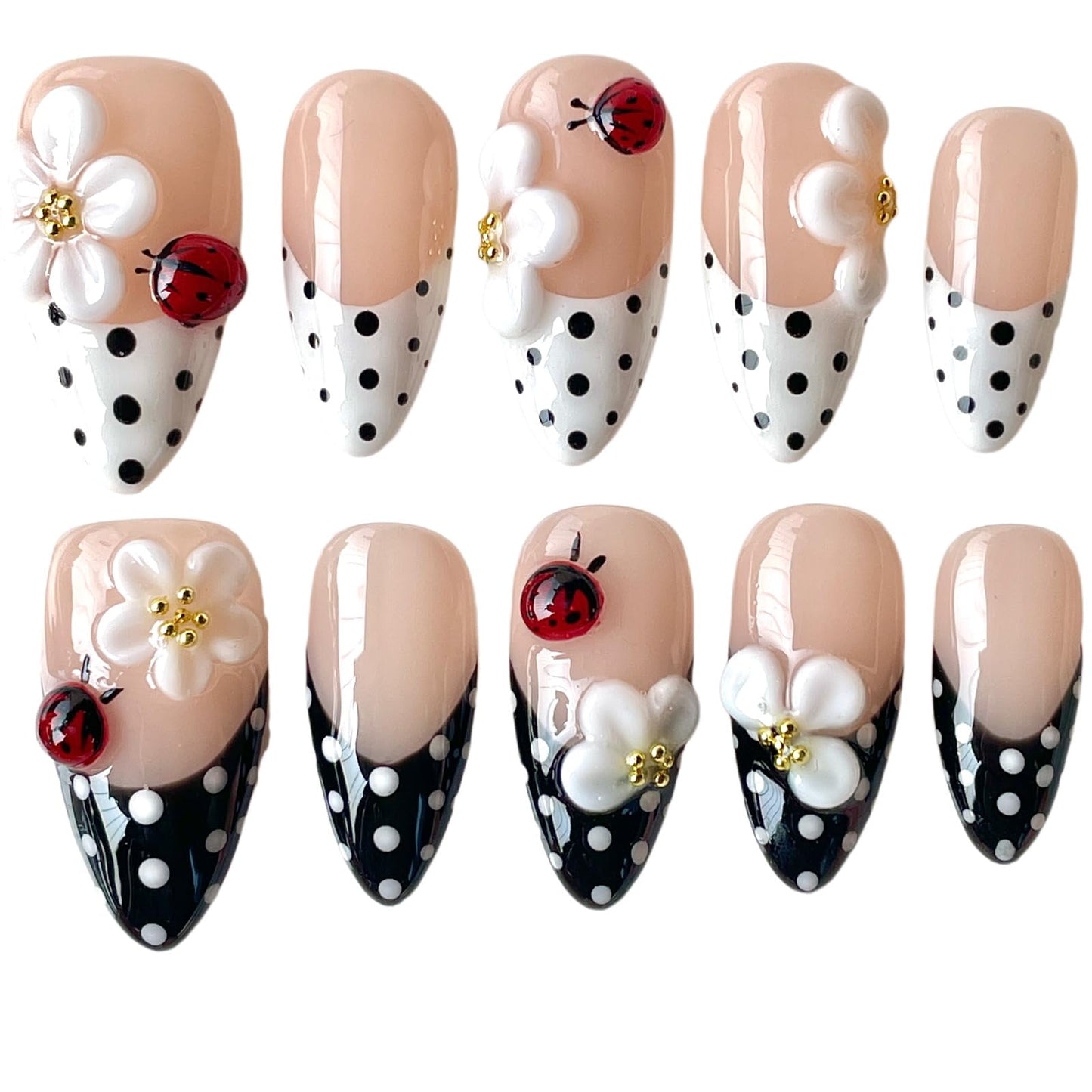 Handmade Press On Nails, 3D Floral & Ladybug Design - Medium Almond, Black & White Polka Dot with Nude Base, Thick Acrylic False Nails Ladybird (L)