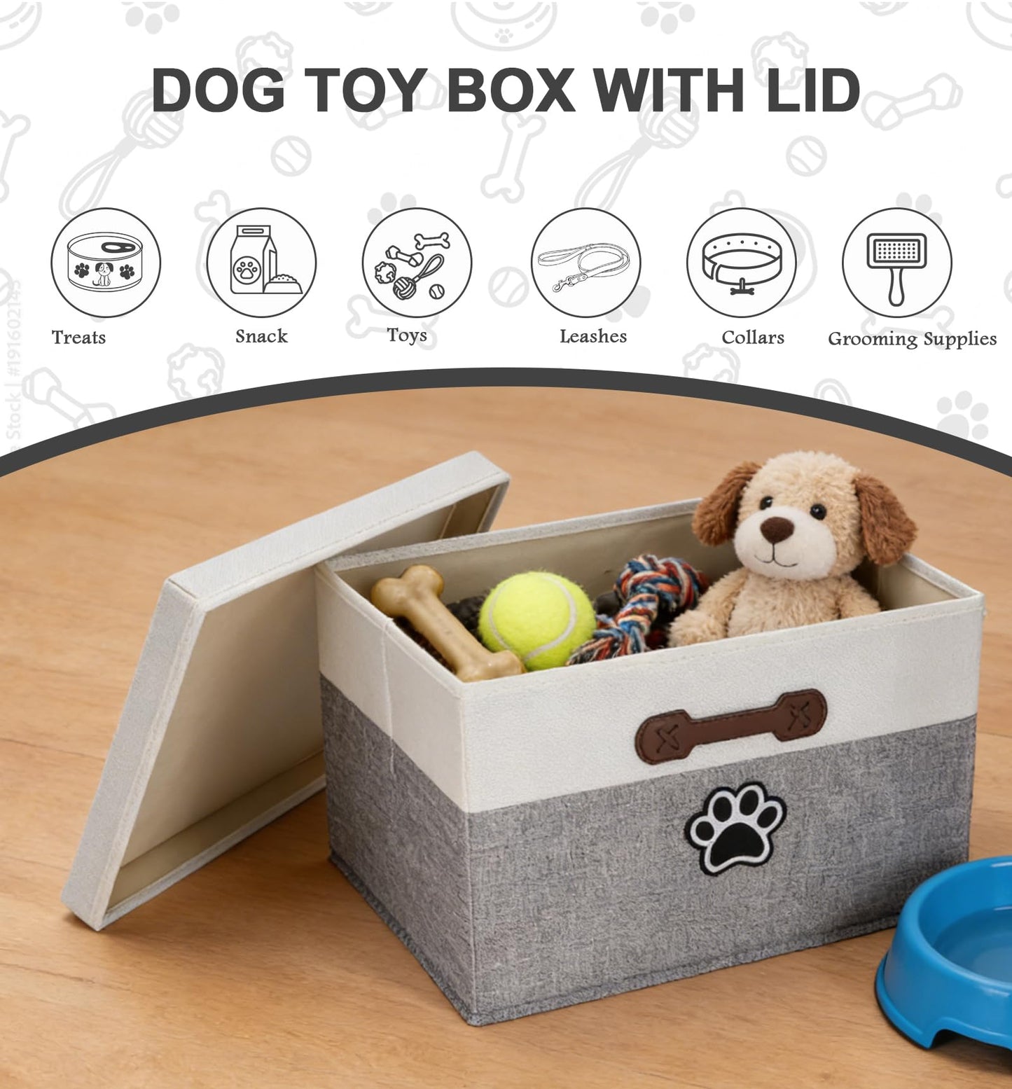 Brabtod Dog Toy Basket with Lid, Fabric Dog Toy Box with Handle, Collapsible Dogs Cat Toys Storage Bins,Pet Storage and Orgnizer-White/Gray
