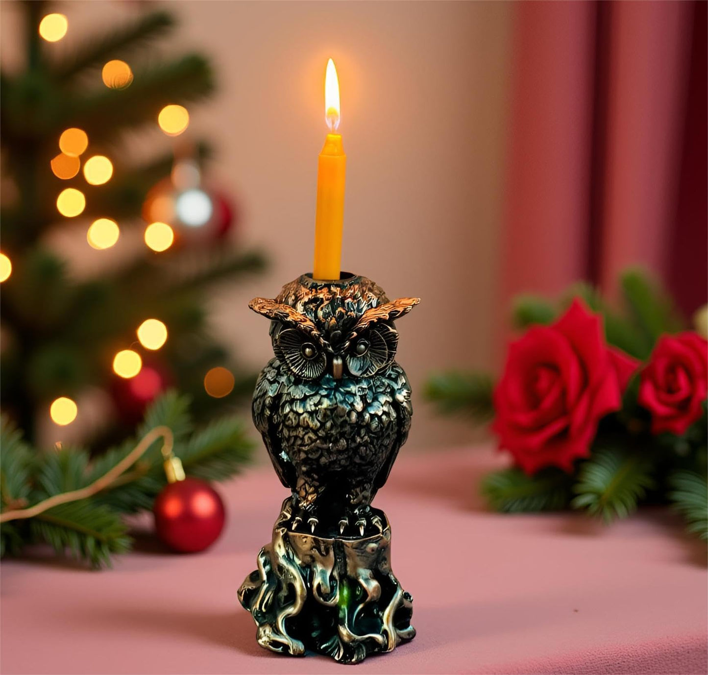 Gothic Owl Candle Holder Statue– Day Decor Witchy Occult Altar Decoration, Bird of Minerva Green Shamrock Candlestick Tabletop Candelabra Statue for Home Room (Owl)