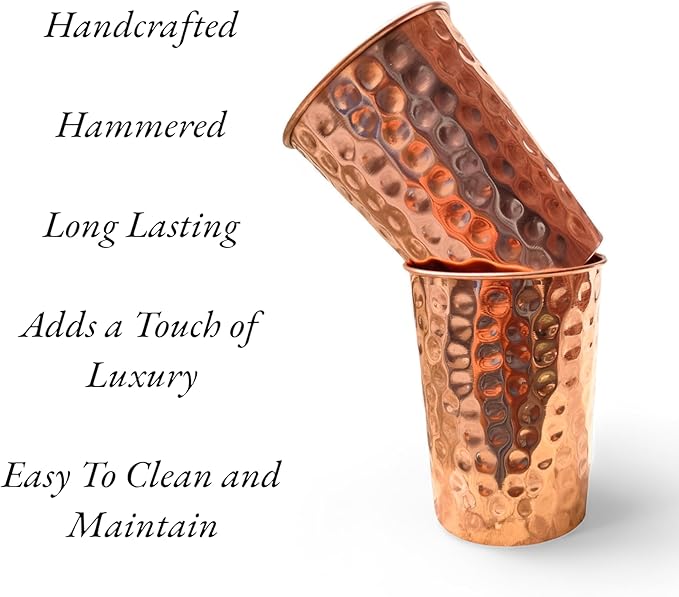 Set of 2 Hammmered Pure Copper Cups For Drinking Water Glasses Tumblers Glass for Ayurveda Health Benefits