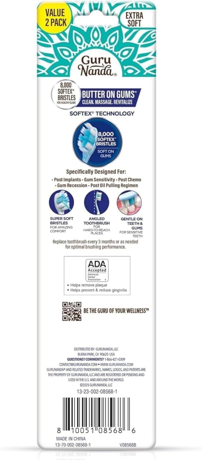 GuruNanda Butter On Gums Toothbrush, ADA Accepted, with 8000+ Ultra Soft Softex Bristles for Sensitive & Receding Gums, Perfect for Whiter Teeth, 2 Ct (Pack of 2)