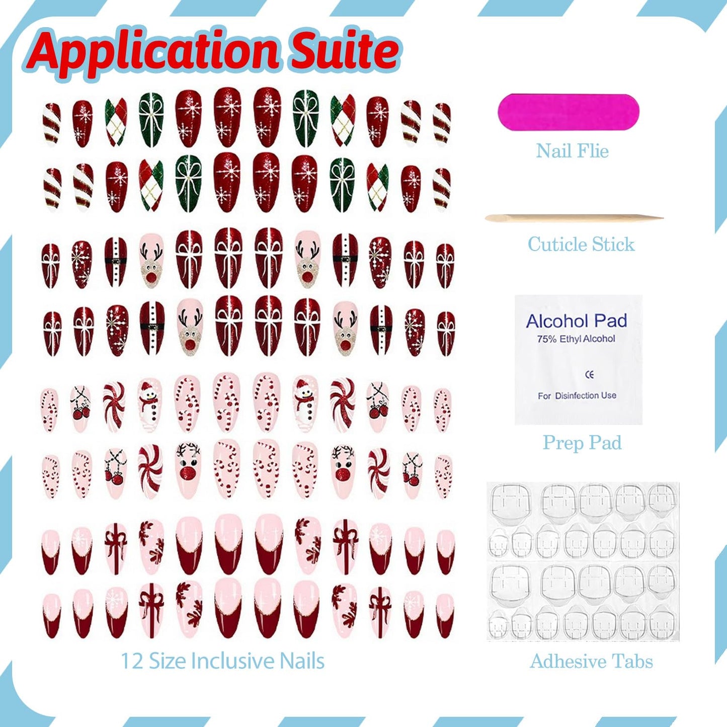 Christmas Press on Nails Kit 96 Pcs Medium Almond Fake Nails 4 Style Red French Tip False Nails with Snowflake Bow Snowman Cane Candy Designs Glossy Glue on Nail Winter Acrylic Nails for Women Girls
