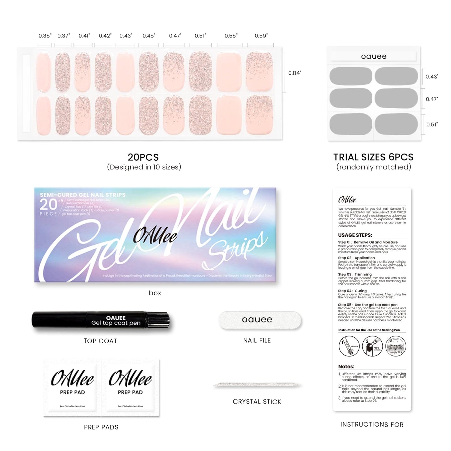 Oauee Semi Cured Gel Nail Strips | Built-In Gel Top Coat | UV Light Required | Salon Quality, Easy Application And Removal (Pink Sparkle)