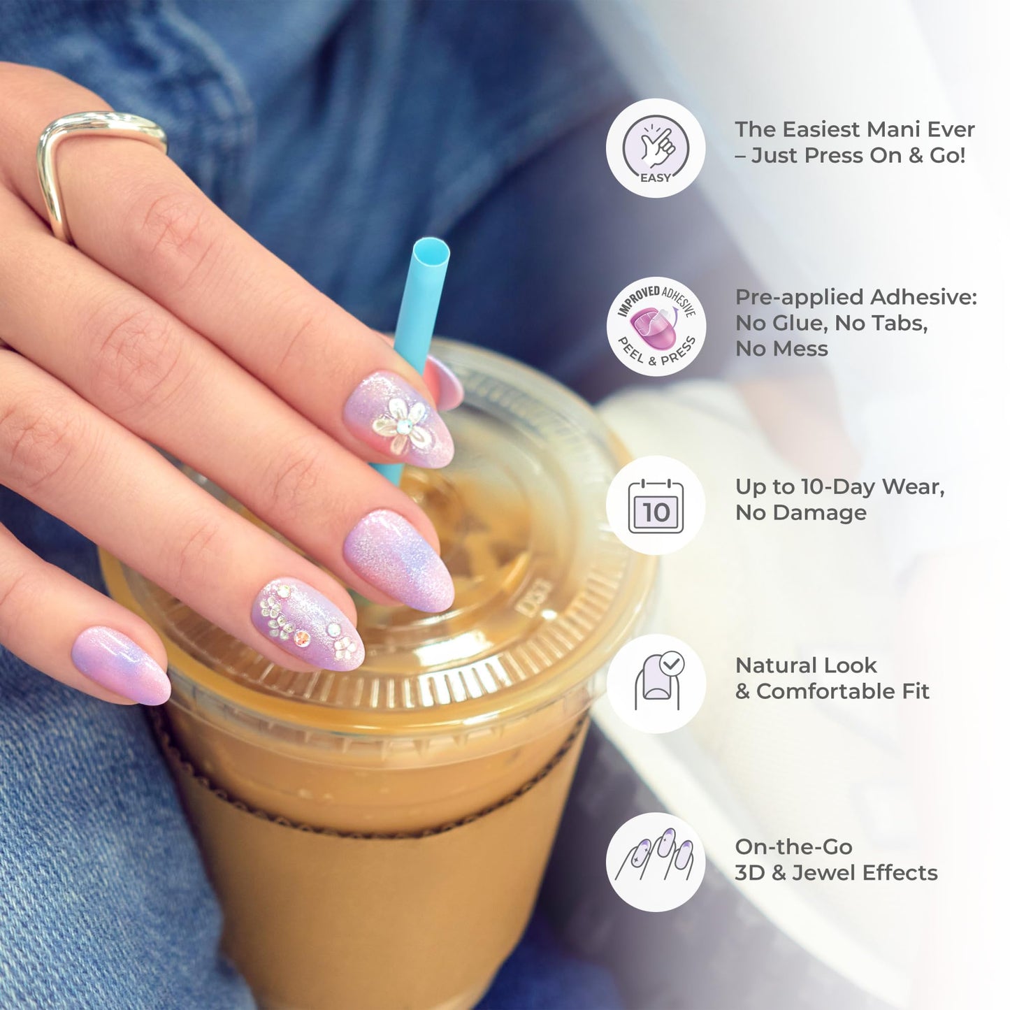Kiss Impress No Glue Mani Press On Nails, Design, 'Couture-geous', Pink, Medium Size, Almond Shape, Includes 30 Nails, Prep Pad, Instructions Sheet, 1 Manicure Stick, 1 Mini File