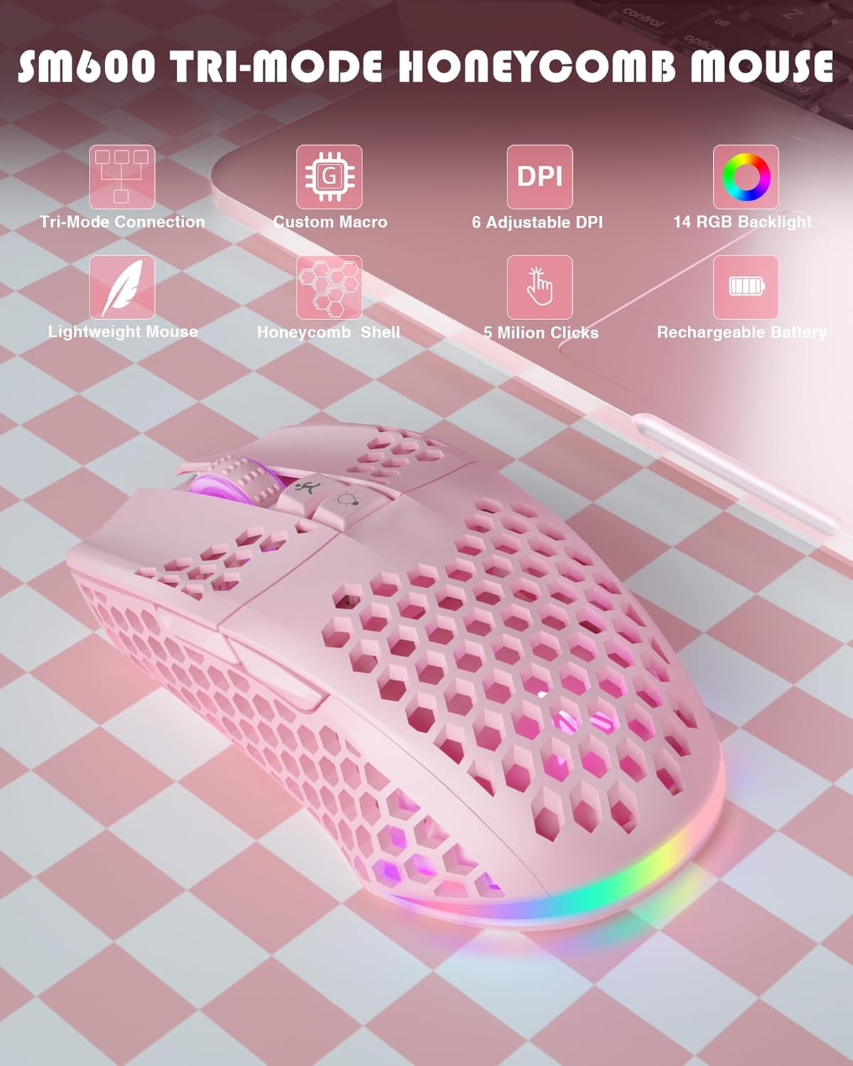SM600 Pink Wireless Gaming Mouse with Honeycomb Shell, Side Buttons,Tri-Modes(BT5.1+BT5.1+2.4GHz) Lightweight RGB Wireless Mouse for PC/Tablet/Desktop/Office/Games