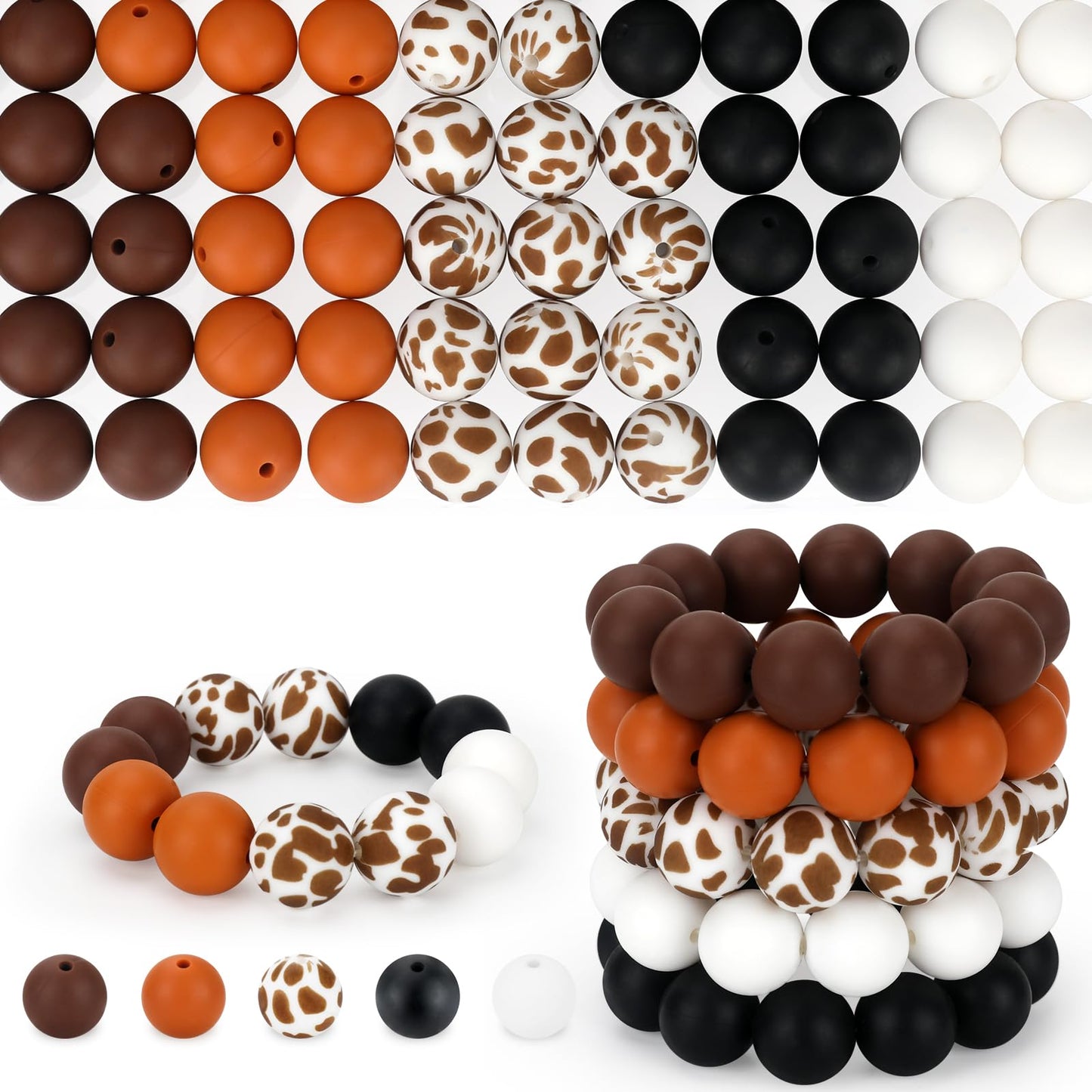 SALUOKE 100 Pcs 15mm Silicone Beads for Keychain Making, Pink Gream Silicone Beads Bulk Round for Bracelets Pens Crafts Jewelry Making (Brown White)