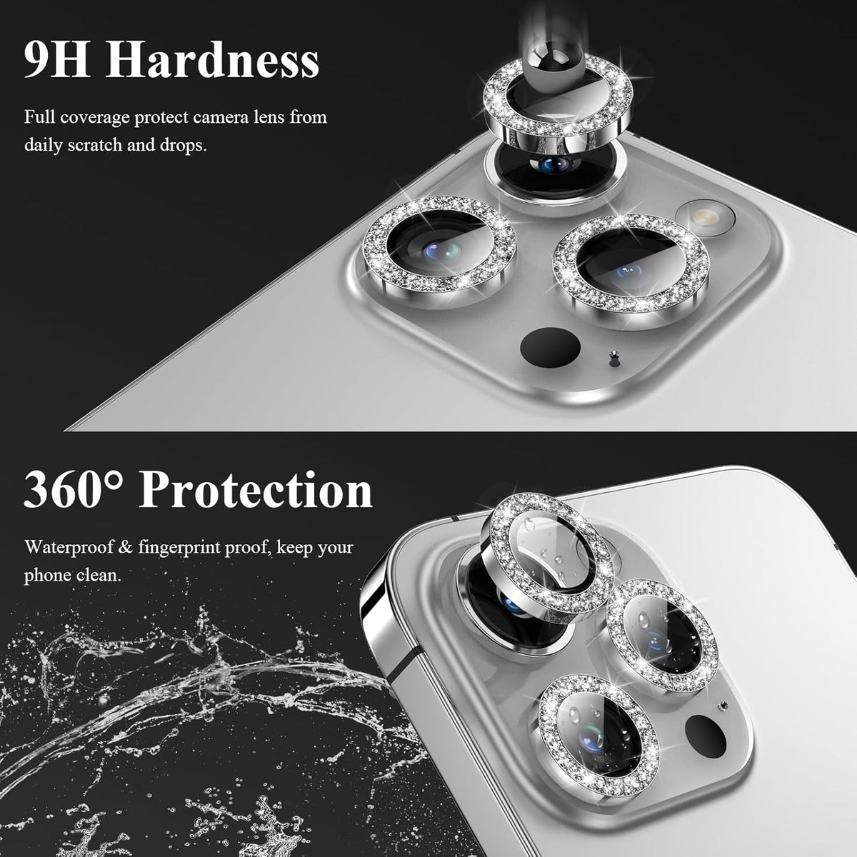 YWXTW Designed for iPhone 14 Pro/iPhone 14 Pro Max Camera Lens Protector Bling, [New Glitter Design] Individual Metal Tempered Glass Camera Cover Accessories Case Friendly, 1 Set (Silver Glitter)
