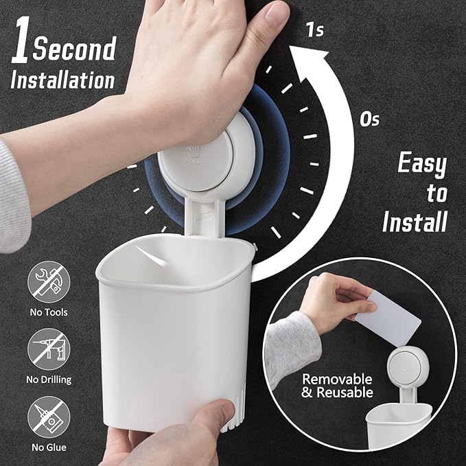 TAILI Suction Toothbrush Holder for Shower Wall, No Nail, No Glue, No Tool! Self-draining Shower Cup for Razor, Toothpaste, Kitchen Tableware, Strong Suction Cup Toothbrush Holders for Bathroom, White