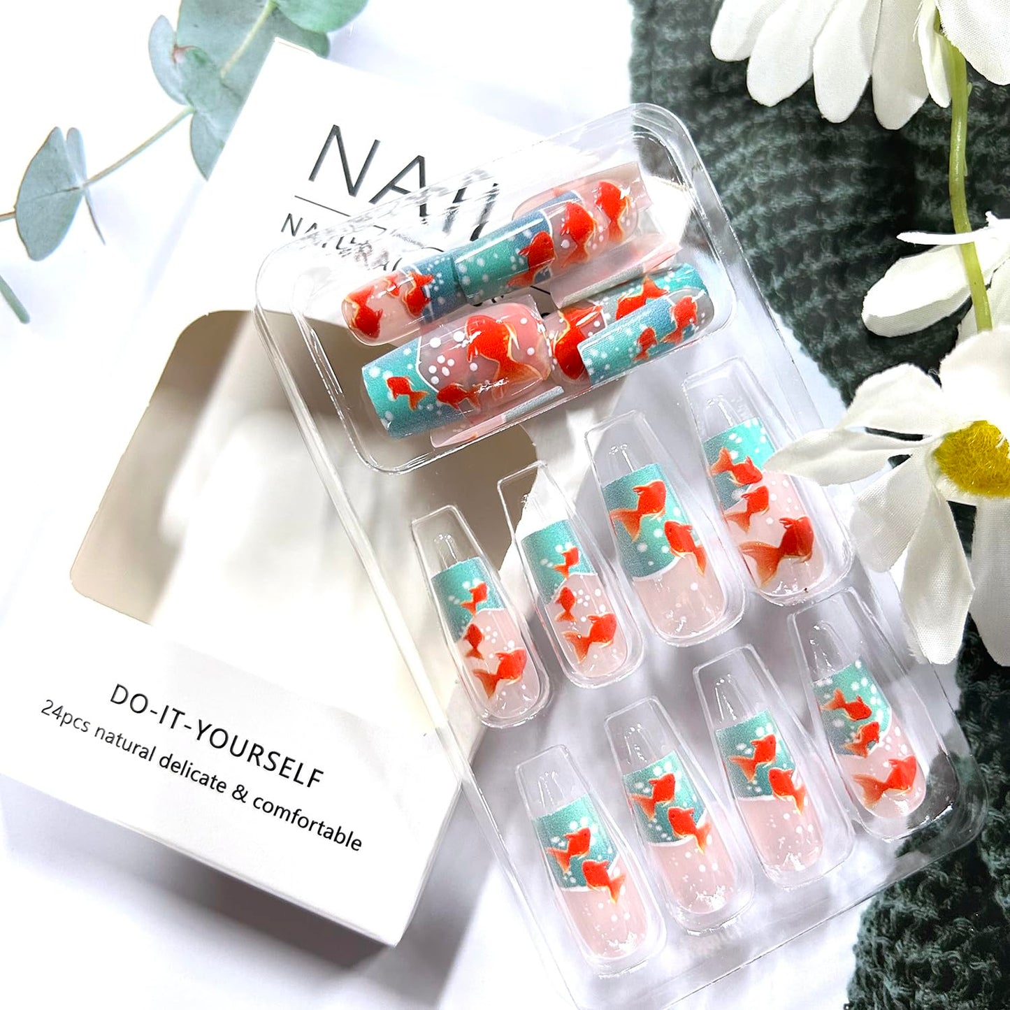 Square Press on Nails Medium Length Artificial Acrylic Fake Nail Gold Fish with Bubbles Pattern Design Blue French Glossy Stick on Nail Full Cover Reusable Press Ons Coffin False Nail for Women 24Pcs
