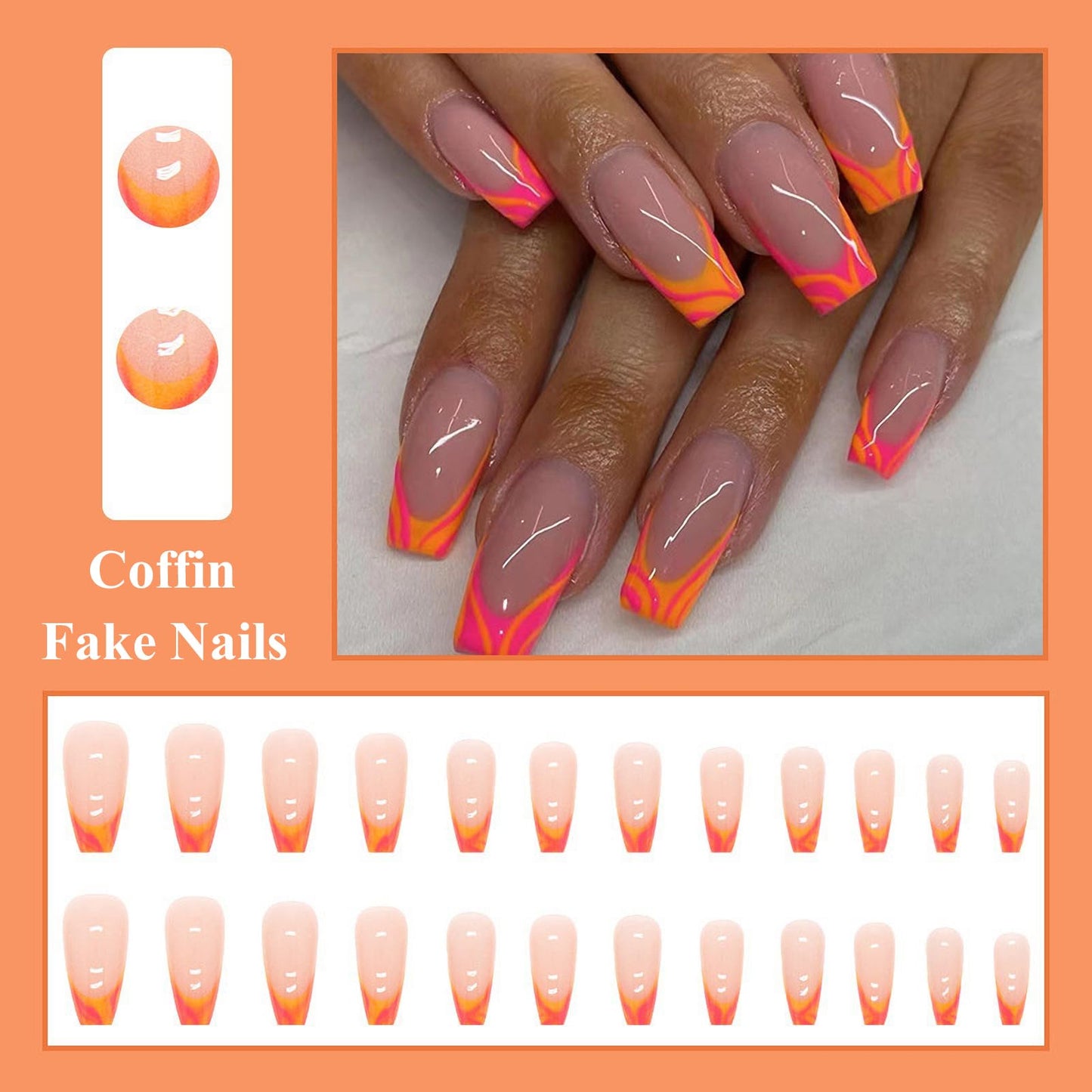 MISUD Press on Nails - Long Coffin Glue on Nails with French Tip, Acrylic Summer Orange Design 24 pcs
