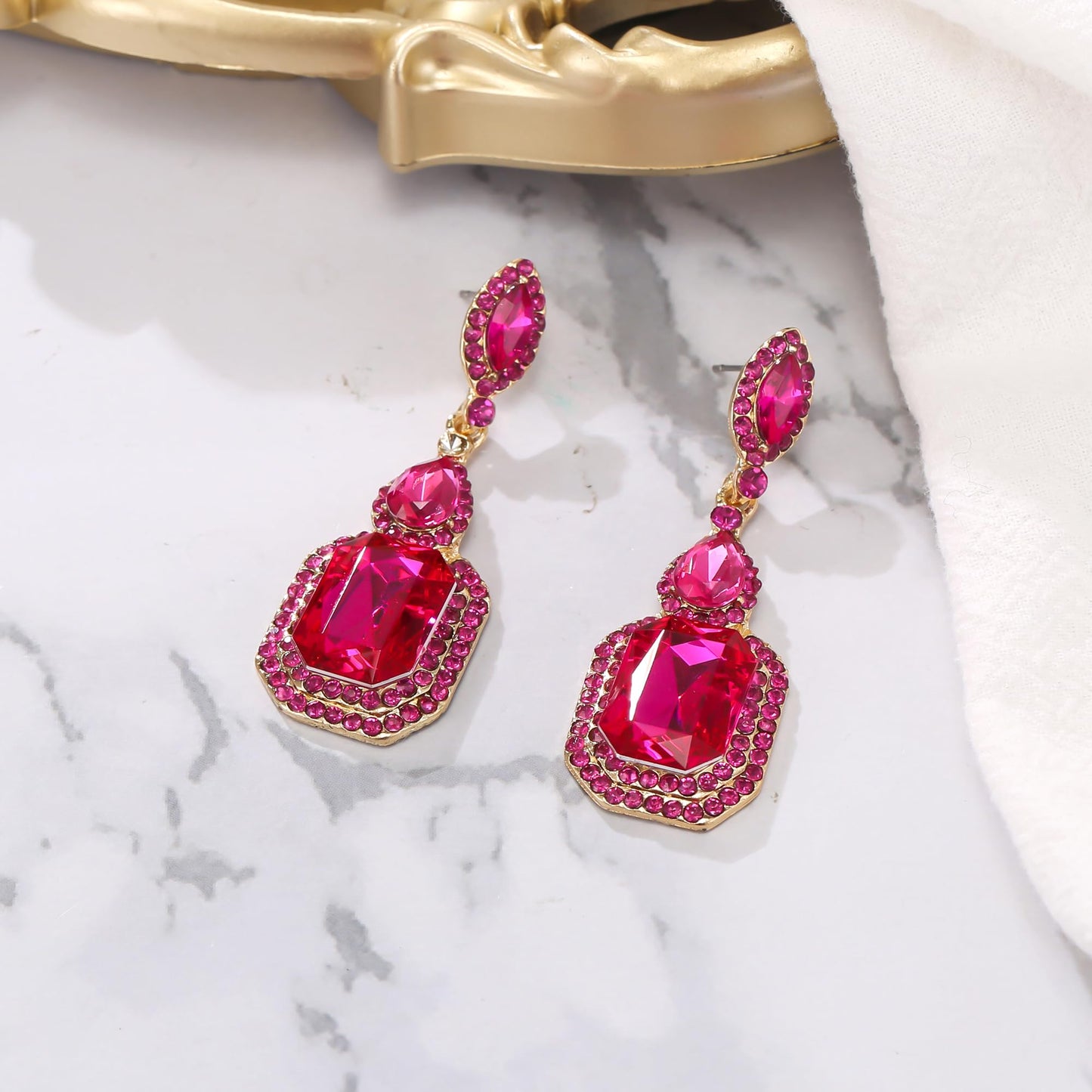 BriLove Wedding Bridal Dangle Earrings for Women Emerald Cut Crystal Infinity Figure 8 Chandelier Jewelry Hot Pink