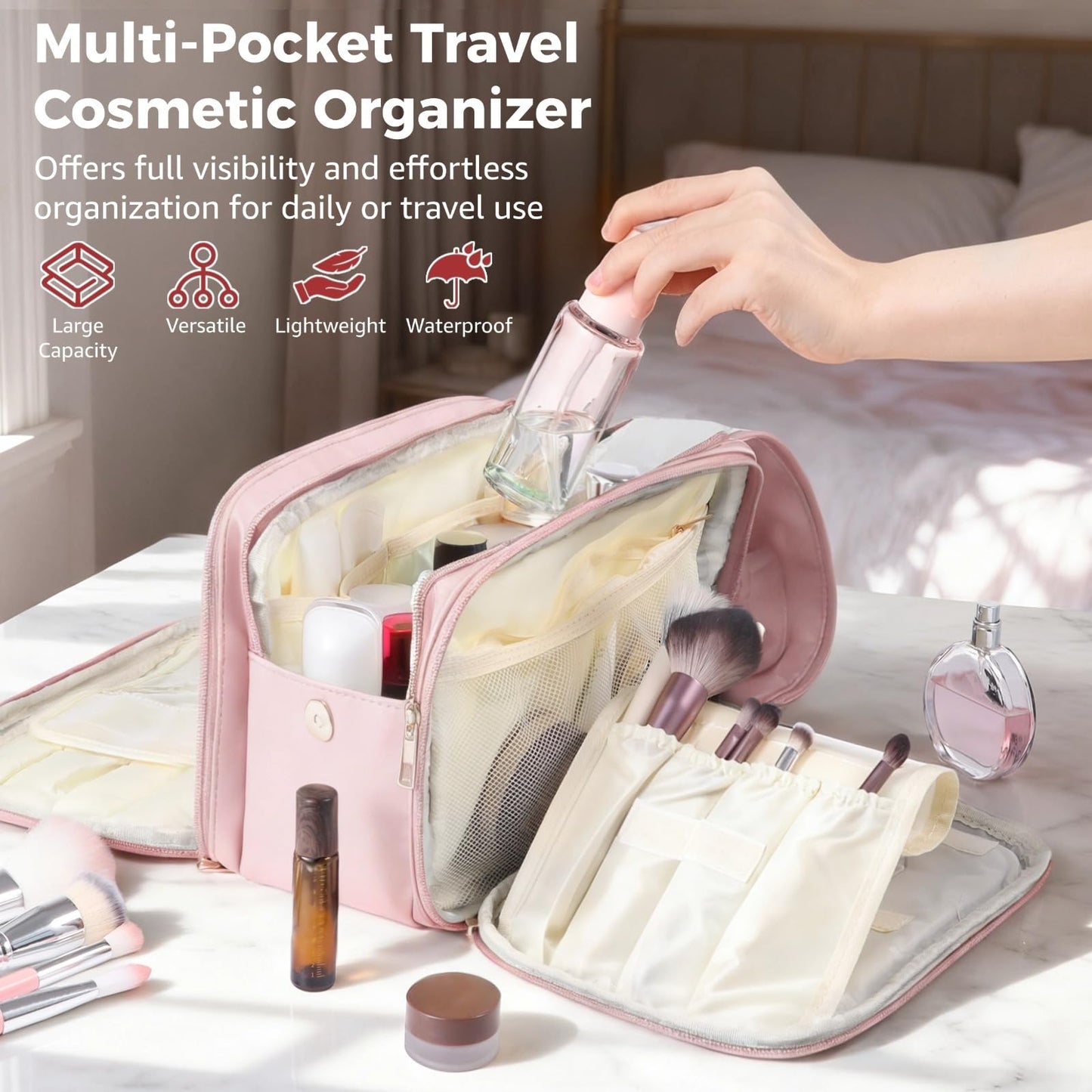 DORMIYA Travel Makeup Bag for Women, Large Capacity Cosmetic Organizer, Multi-Layer Toiletry Bag with Handle, Waterproof PU Leather Portable Makeup Zippered Case with Standing Brush Holder