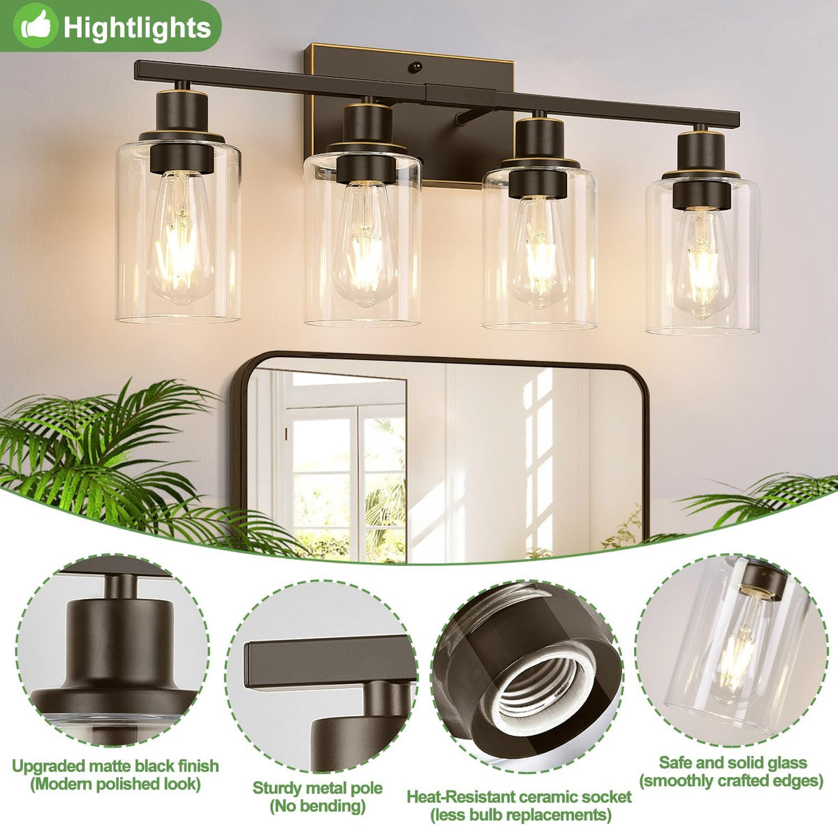4 Light Bathroom Light Fixtures, Oil-Rubbed Bronze Modern Vanity Lights with Clear Glass Shades, Bathroom Wall Lamp for Mirror Living Room Cabinet